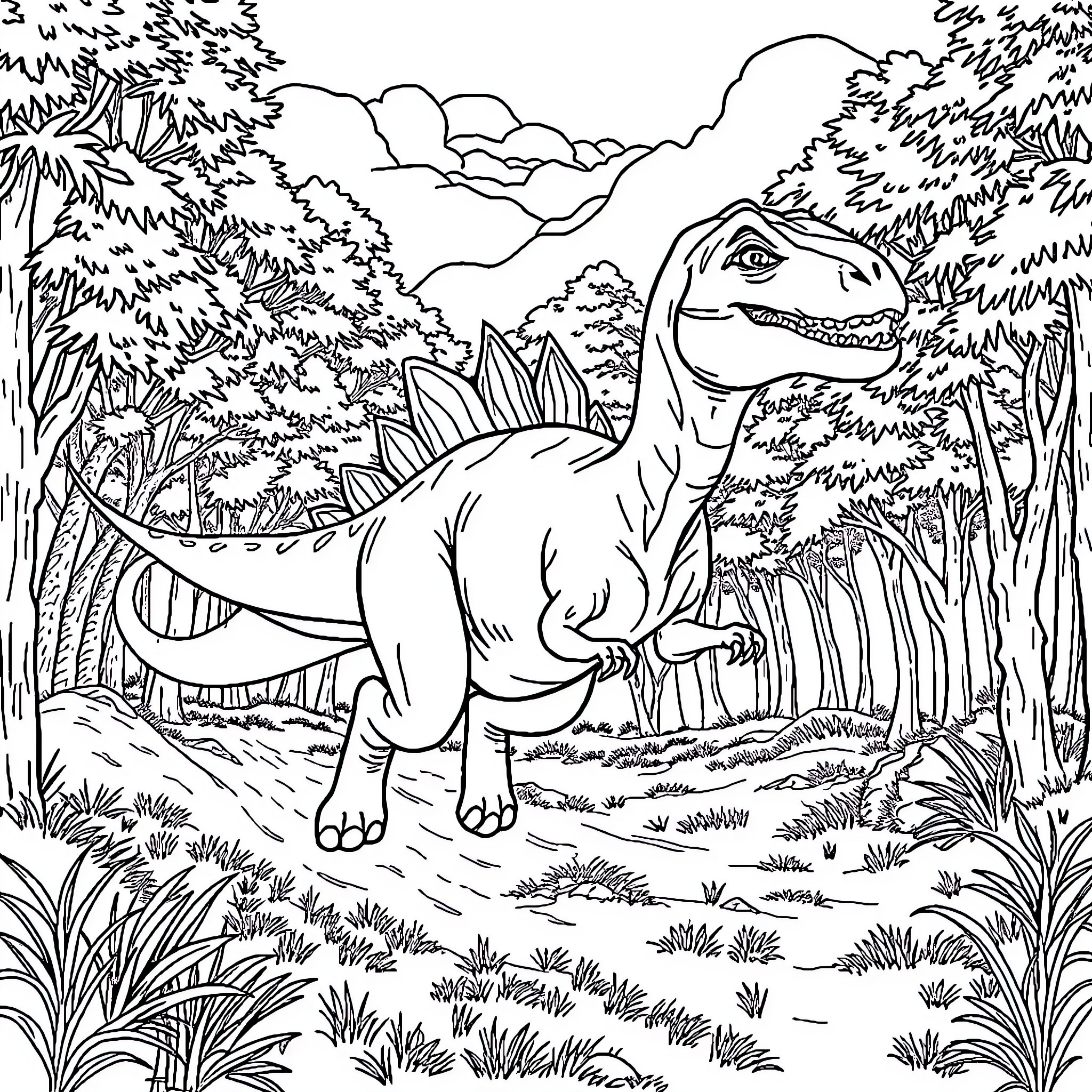 Dinosaur roaming through lush jungle landscape Coloring Page (free black-and-white line drawing printable PDF for all, from beginners to advanced learners, including children, teens, adults, and seniors)