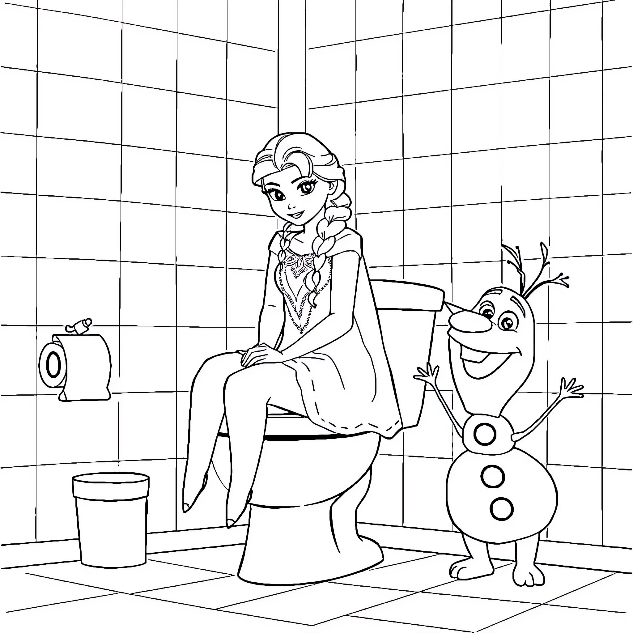 Elsa relaxing with Olaf in the bathroom Coloring Page (free black-and-white line drawing printable PDF for all, from beginners to advanced learners, including children, teens, adults, and seniors)