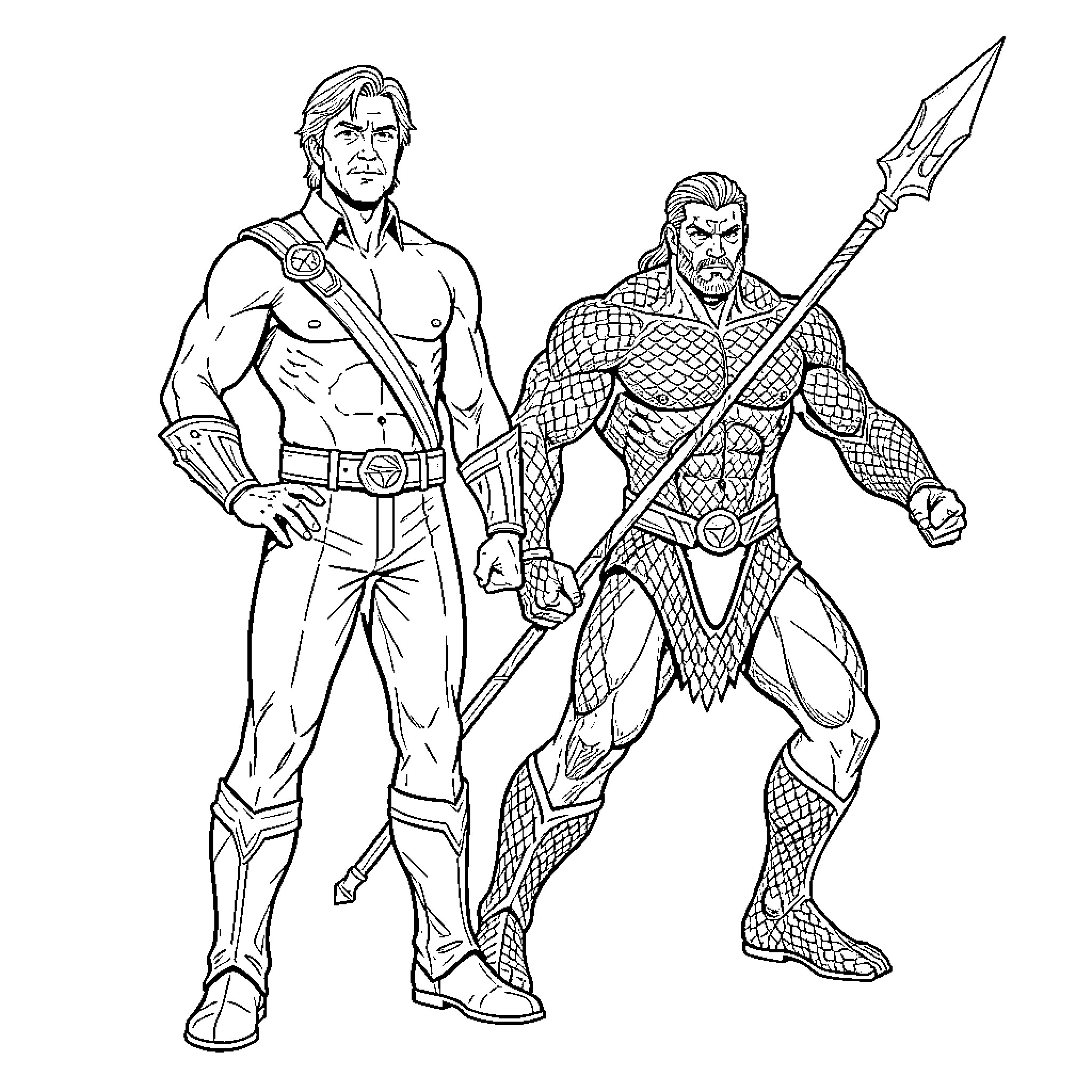 Kojima's Muscular Heroes in Superhero Costumes Coloring Page (free black-and-white line drawing printable PDF for all, from beginners to advanced learners, including children, teens, adults, and seniors)