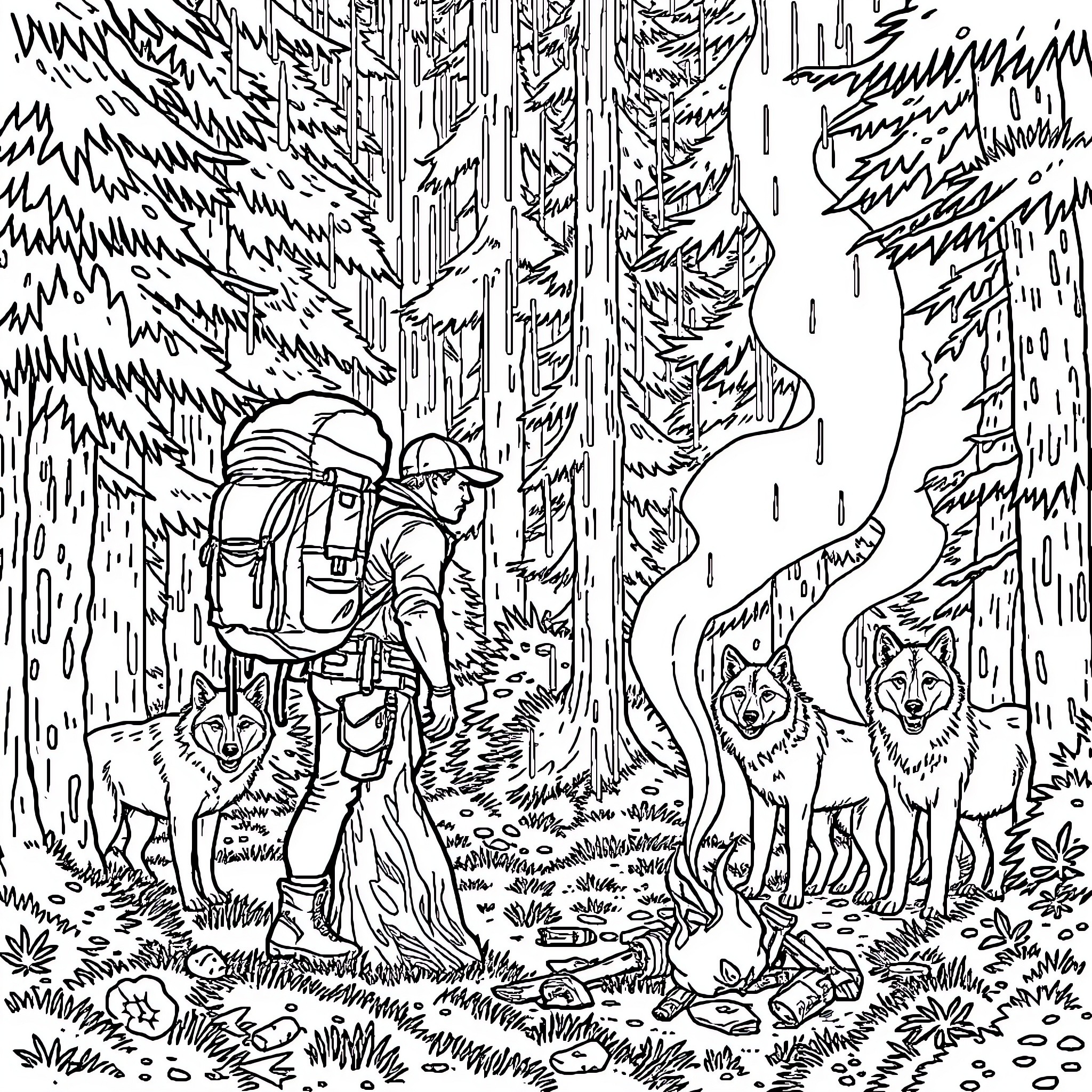 Man exploring the wilderness with wolves in the forest Coloring Page (free black-and-white line drawing printable PDF for all, from beginners to advanced learners, including children, teens, adults, and seniors)