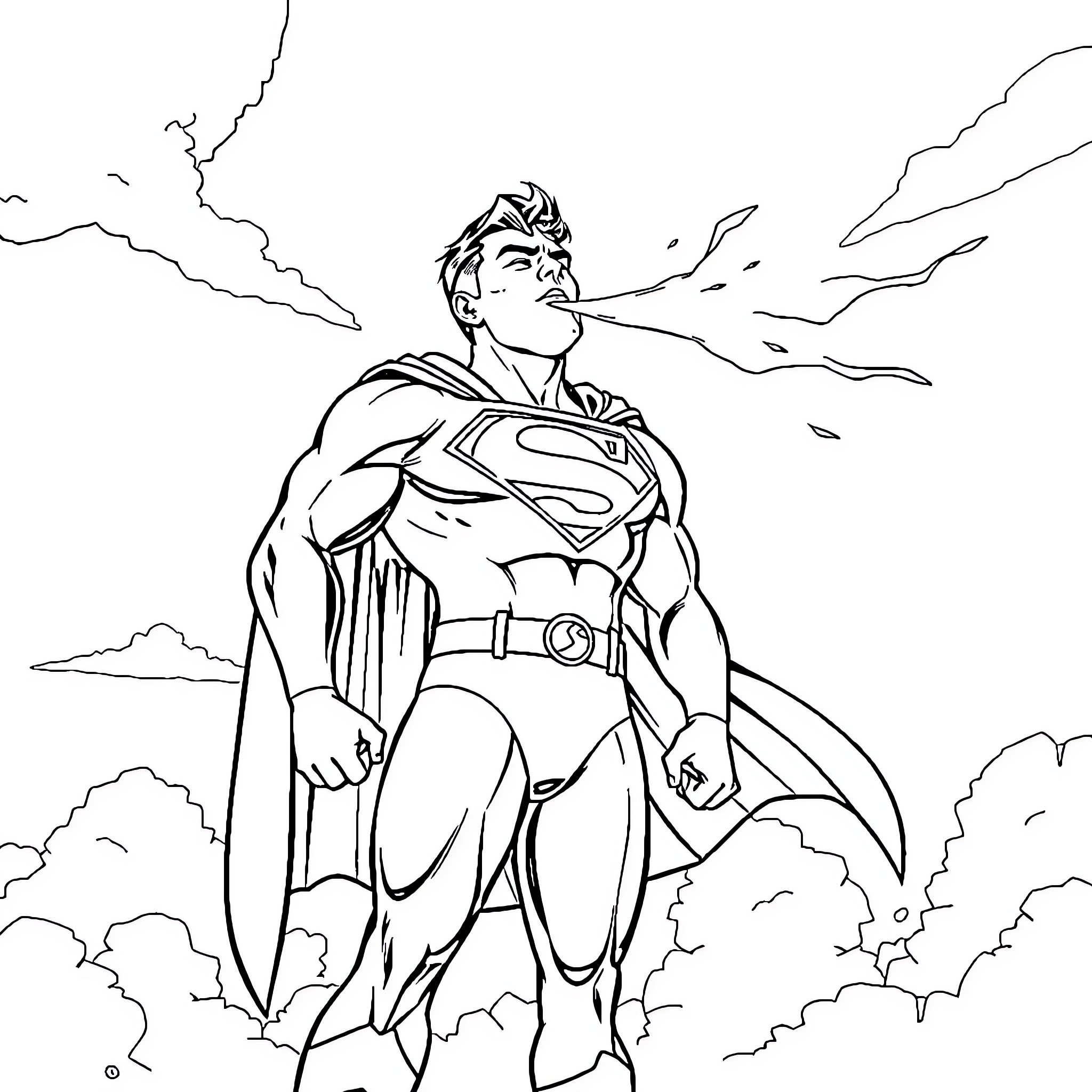 Superman soaring through the sky with determination Coloring Page (free black-and-white line drawing printable PDF for all, from beginners to advanced learners, including children, teens, adults, and seniors)