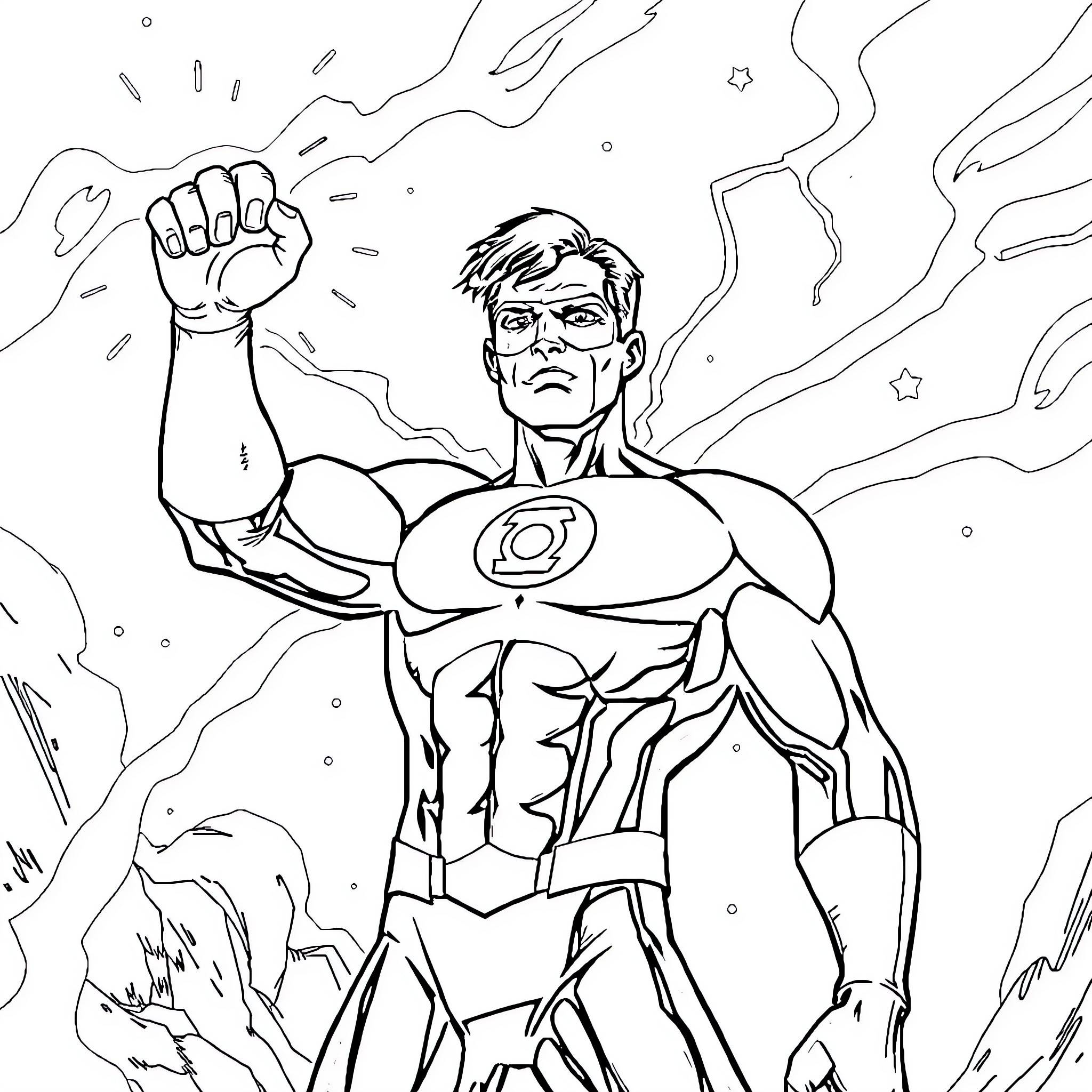 Green Lantern displays heroic pose with power Coloring Page (free black-and-white line drawing printable PDF for all, from beginners to advanced learners, including children, teens, adults, and seniors)