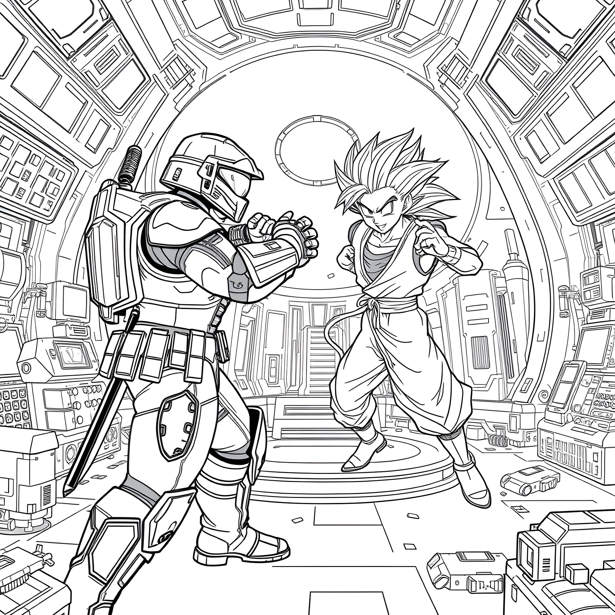 Master Chief confronts a warrior with spiky hair in an advanced setting Coloring Page (free black-and-white line drawing printable PDF for all, from beginners to advanced learners, including children, teens, adults, and seniors)