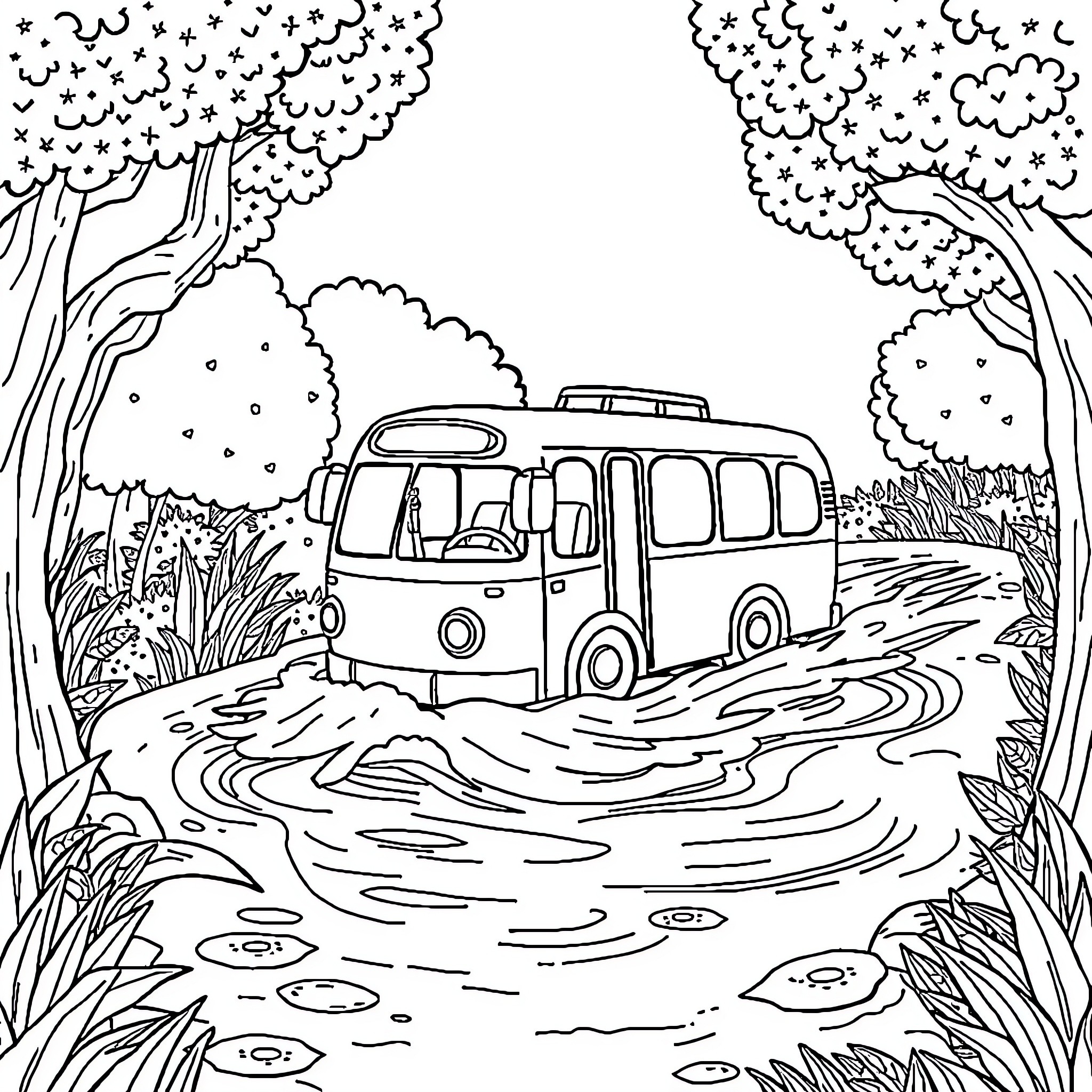 Bus driving through a tranquil forest scene Coloring Page (free black-and-white line drawing printable PDF for all, from beginners to advanced learners, including children, teens, adults, and seniors)