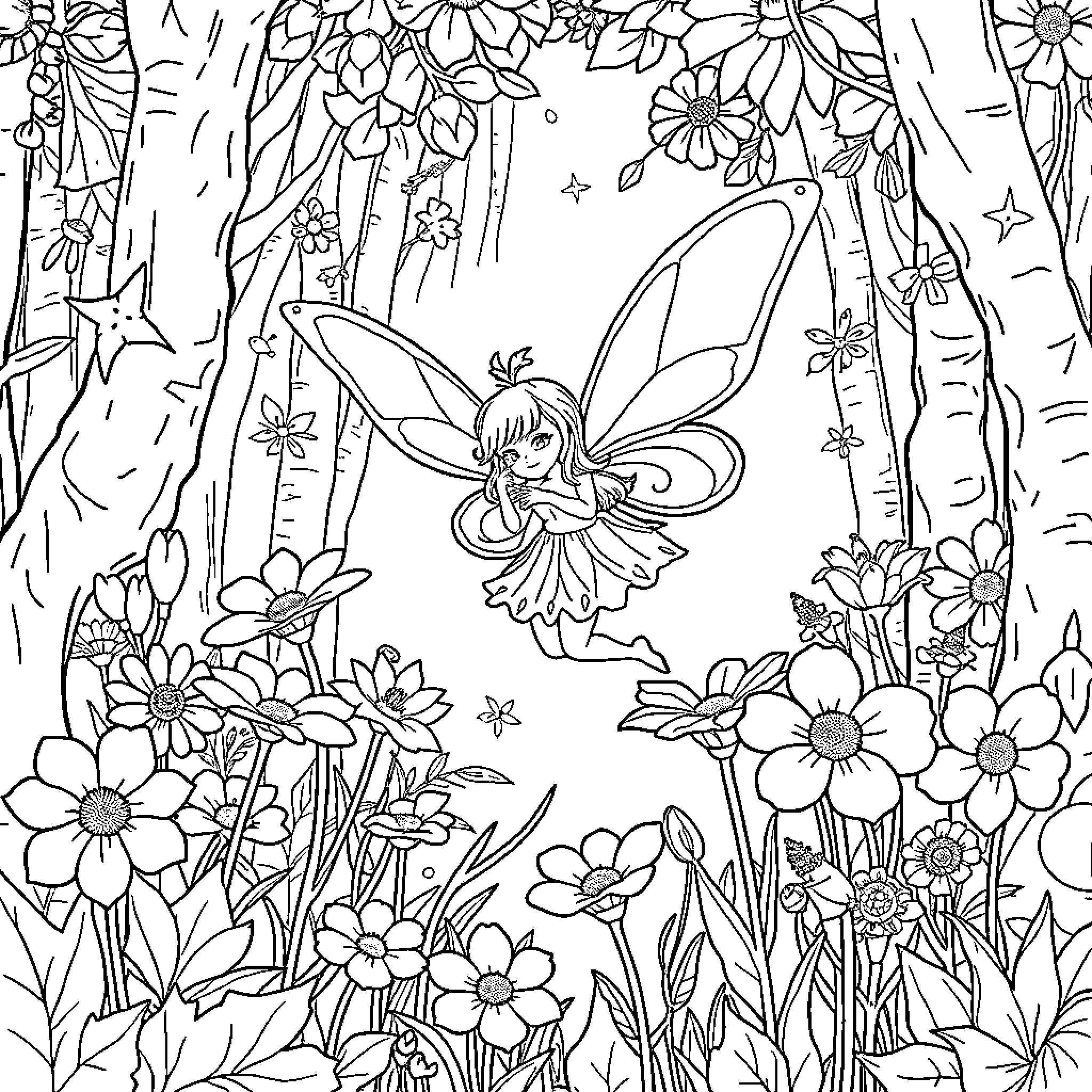 Fairy dancing among enchanted flowers in the forest Coloring Page (free black-and-white line drawing printable PDF for all, from beginners to advanced learners, including children, teens, adults, and seniors)