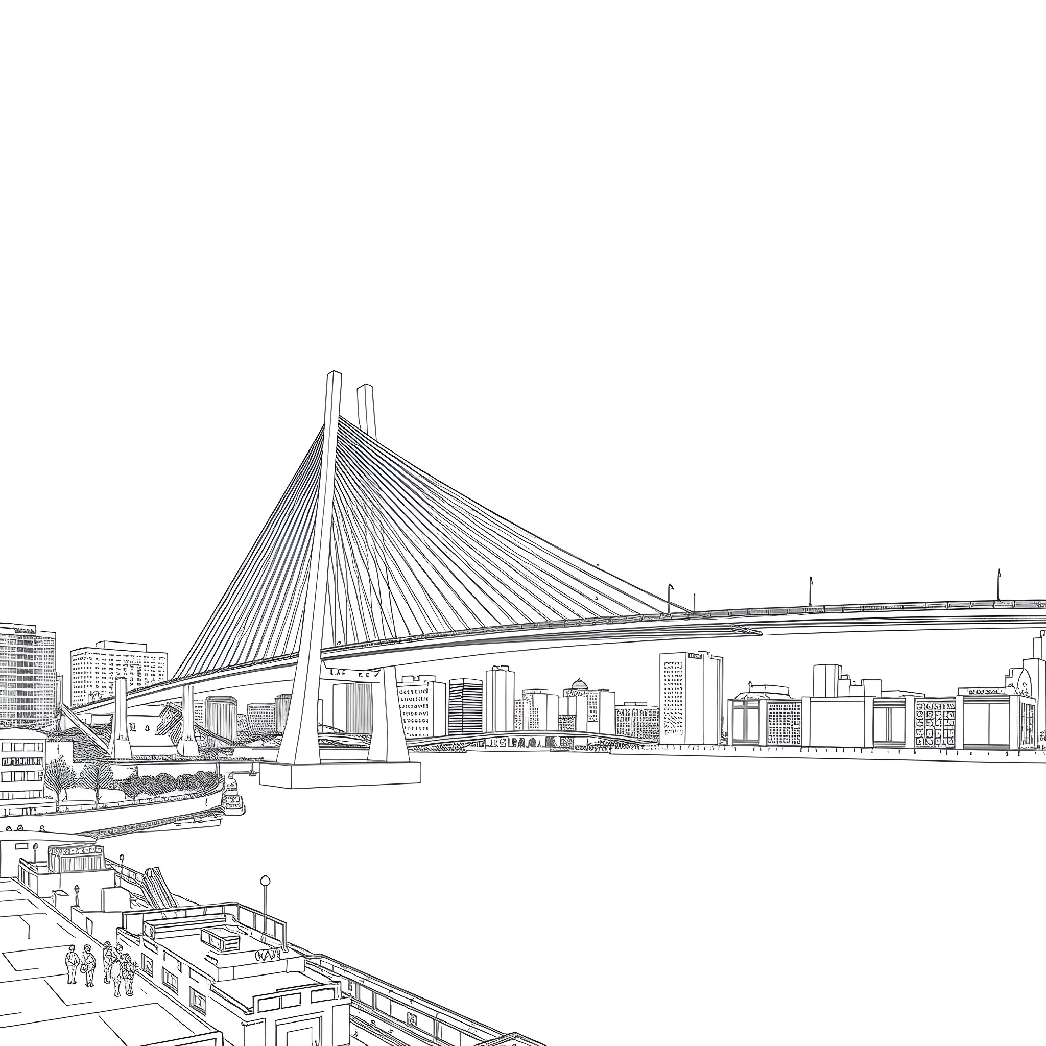 Bridge over cityscape with architectural structures Coloring Page (free black-and-white line drawing printable PDF for all, from beginners to advanced learners, including children, teens, adults, and seniors)