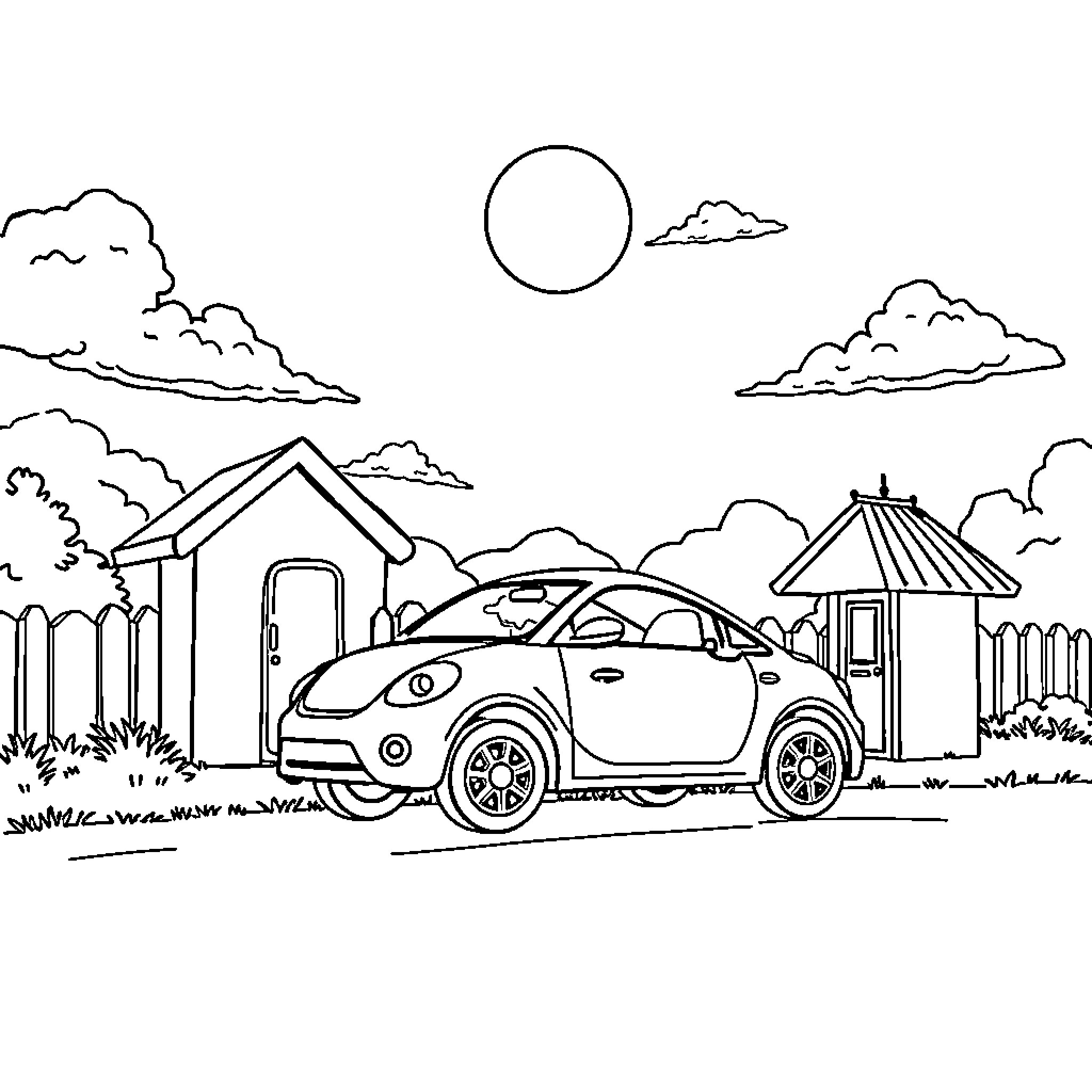 Car parked in front of a house with clouds Coloring Page (free black-and-white line drawing printable PDF for all, from beginners to advanced learners, including children, teens, adults, and seniors)