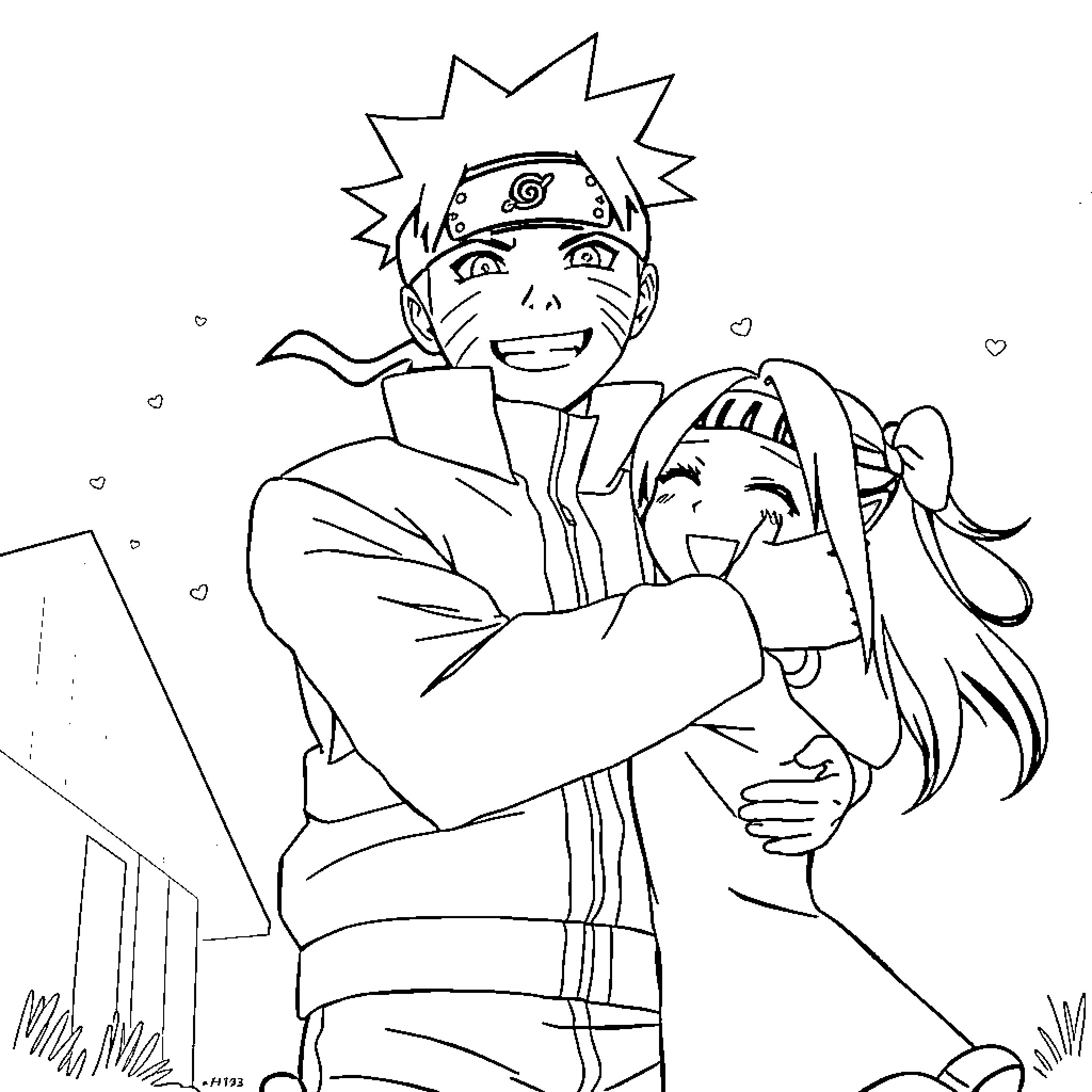Naruto embracing a cheerful companion Coloring Page (free black-and-white line drawing printable PDF for all, from beginners to advanced learners, including children, teens, adults, and seniors)