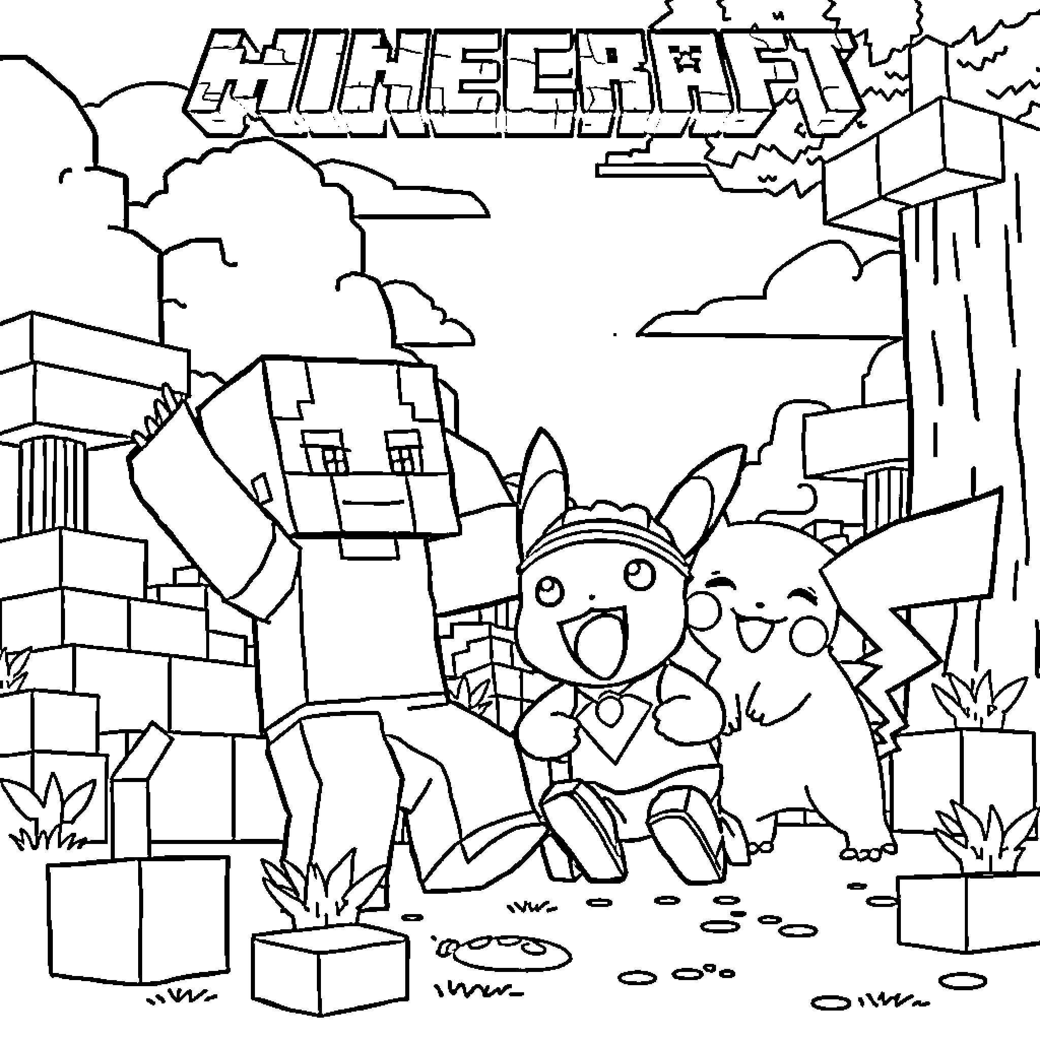 Minecraft characters exploring the wilderness Coloring Page (free black-and-white line drawing printable PDF for all, from beginners to advanced learners, including children, teens, adults, and seniors)