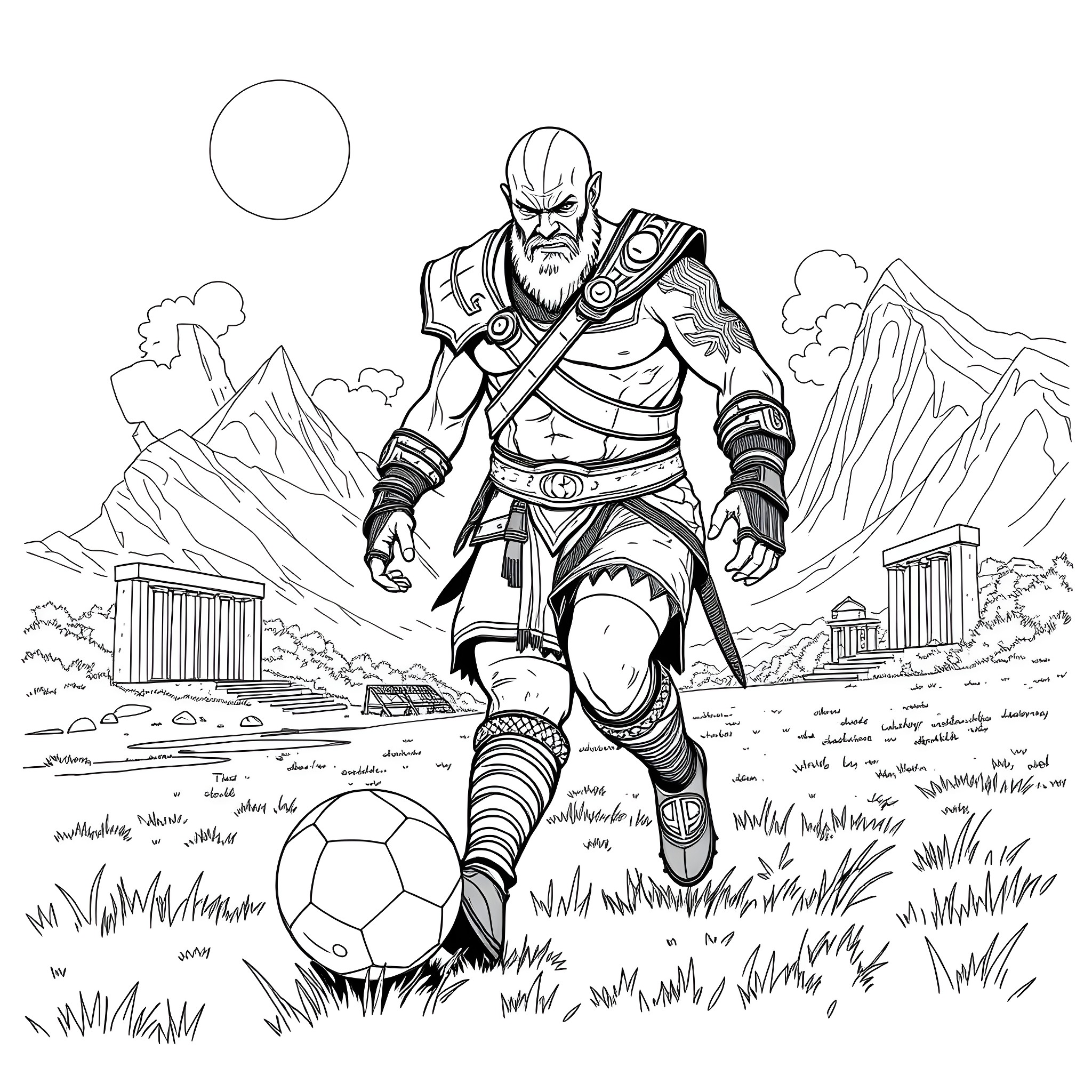 Kratos Embarking on an Epic Adventure Coloring Page (free black-and-white line drawing printable PDF for all, from beginners to advanced learners, including children, teens, adults, and seniors)