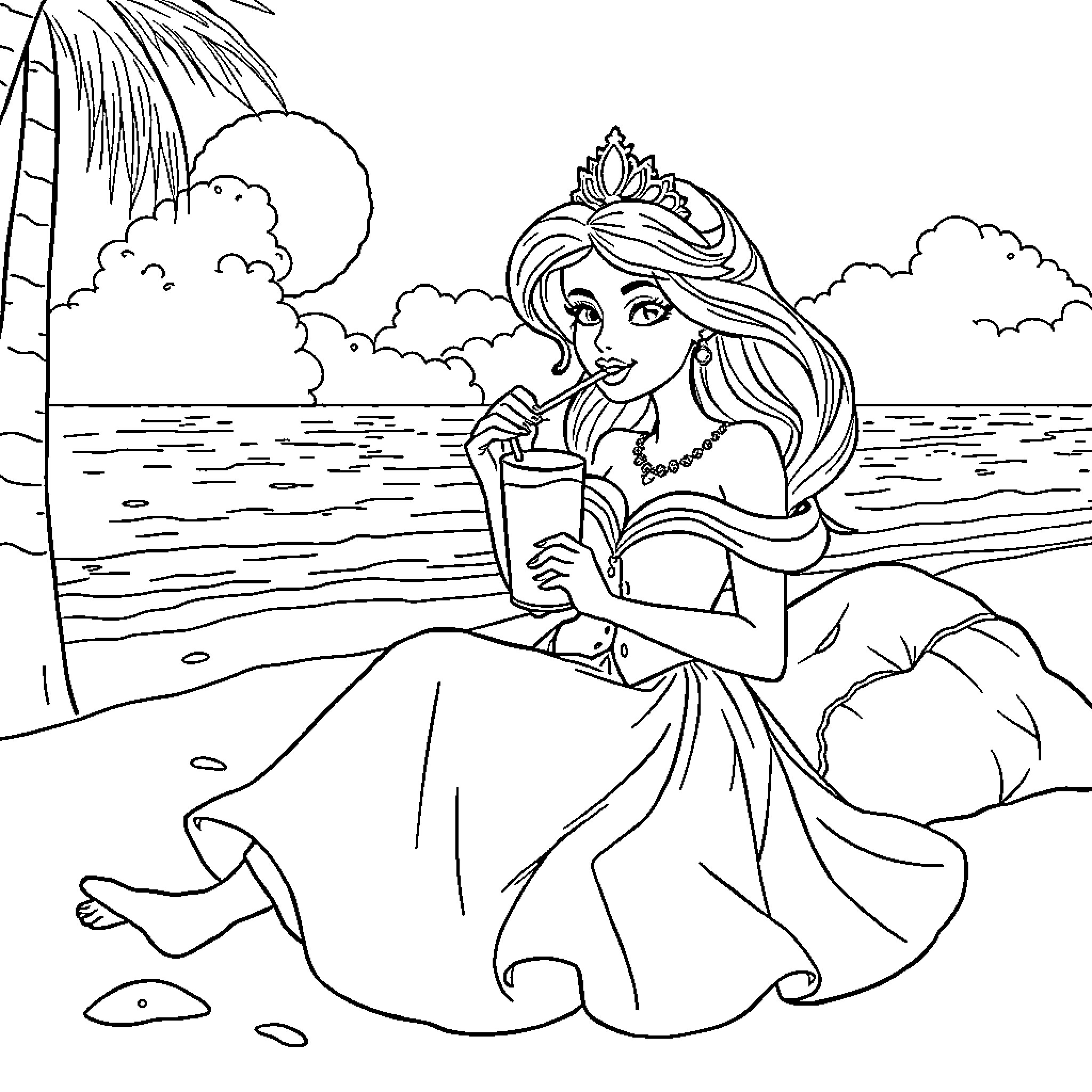 Princess Enjoying a Tropical Beverage on the Beach Coloring Page (free black-and-white line drawing printable PDF for all, from beginners to advanced learners, including children, teens, adults, and seniors)