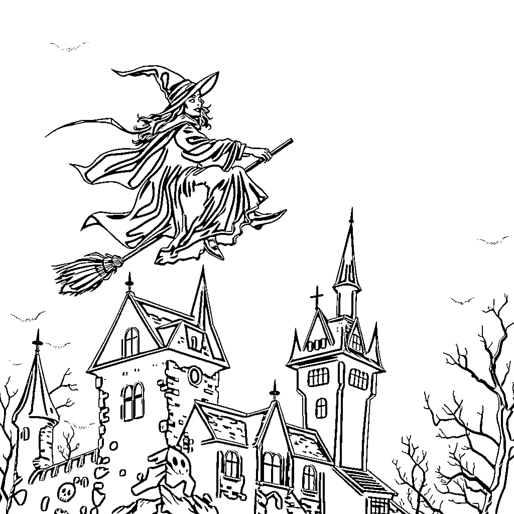 Witch soaring over haunted castle in moonlit night Coloring Page (free black-and-white line drawing printable PDF for all, from beginners to advanced learners, including children, teens, adults, and seniors)