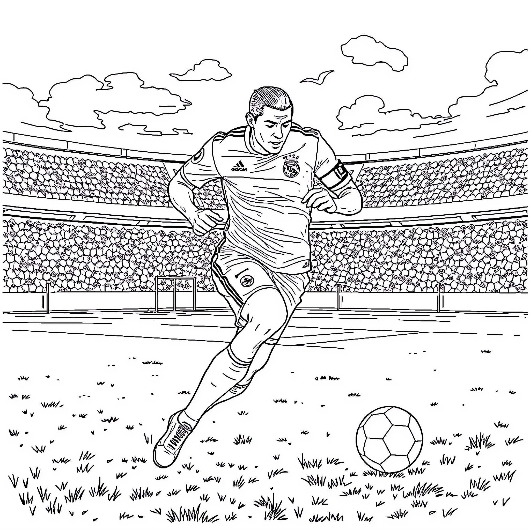 Cristiano Ronaldo playing soccer on the field Coloring Page (free black-and-white line drawing printable PDF for all, from beginners to advanced learners, including children, teens, adults, and seniors)