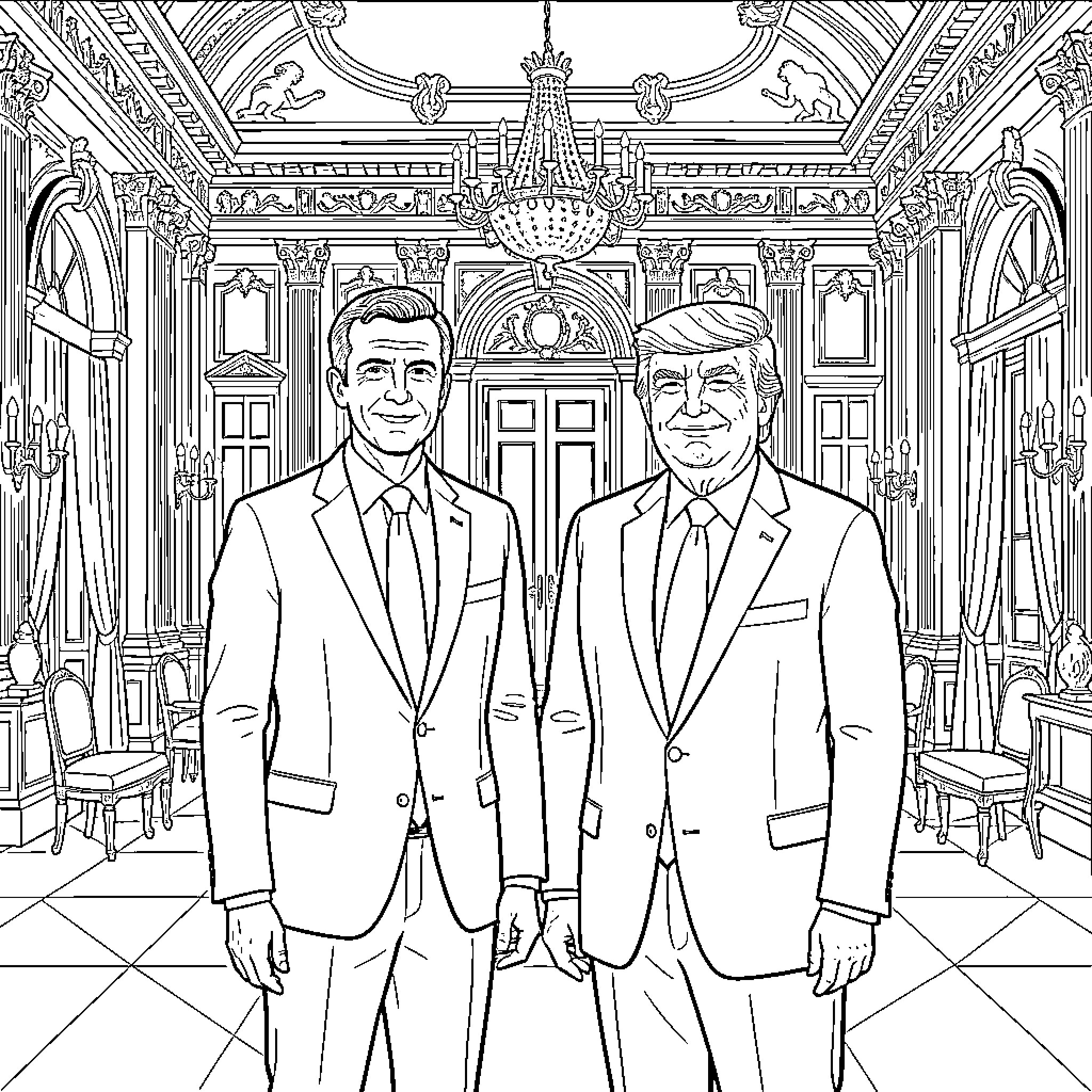 Emmanuel Macron standing beside Donald Trump in a formal room Coloring Page (free black-and-white line drawing printable PDF for all, from beginners to advanced learners, including children, teens, adults, and seniors)