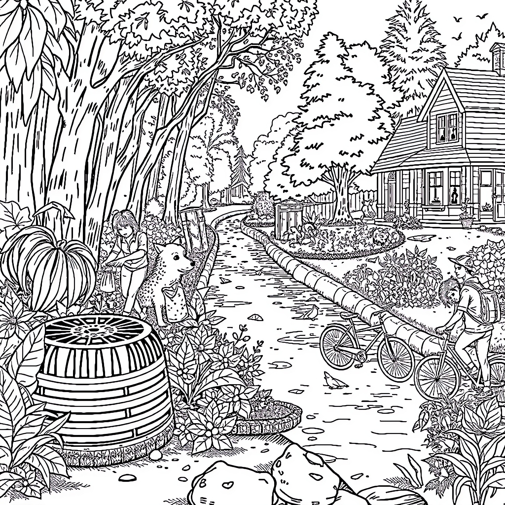 Nature's Outdoor Adventure: People Exploring a Scenic Countryside Coloring Page (free black-and-white line drawing printable PDF for all, from beginners to advanced learners, including children, teens, adults, and seniors)