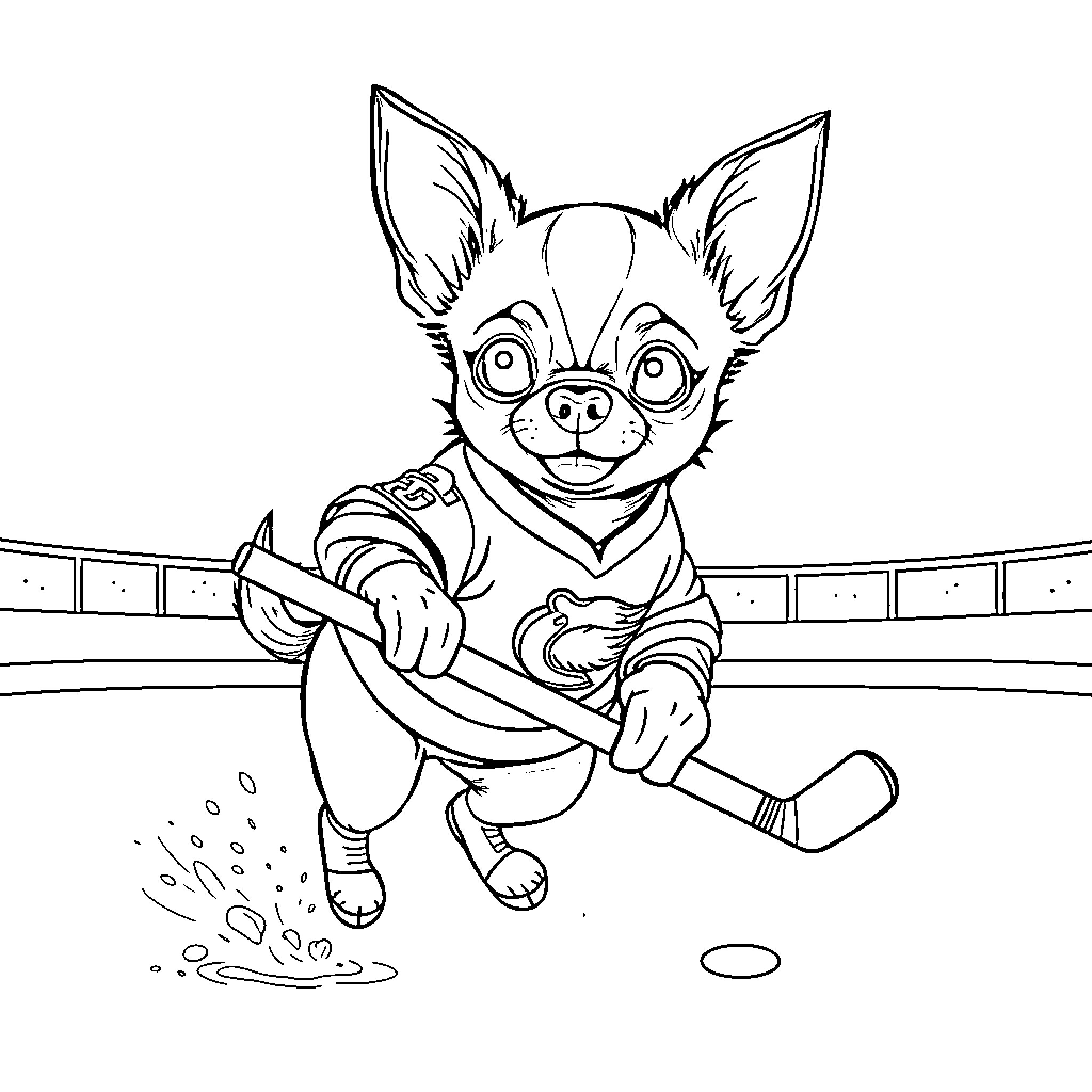 Chihuahua playing with hockey stick on ice rink Coloring Page (free black-and-white line drawing printable PDF for all, from beginners to advanced learners, including children, teens, adults, and seniors)