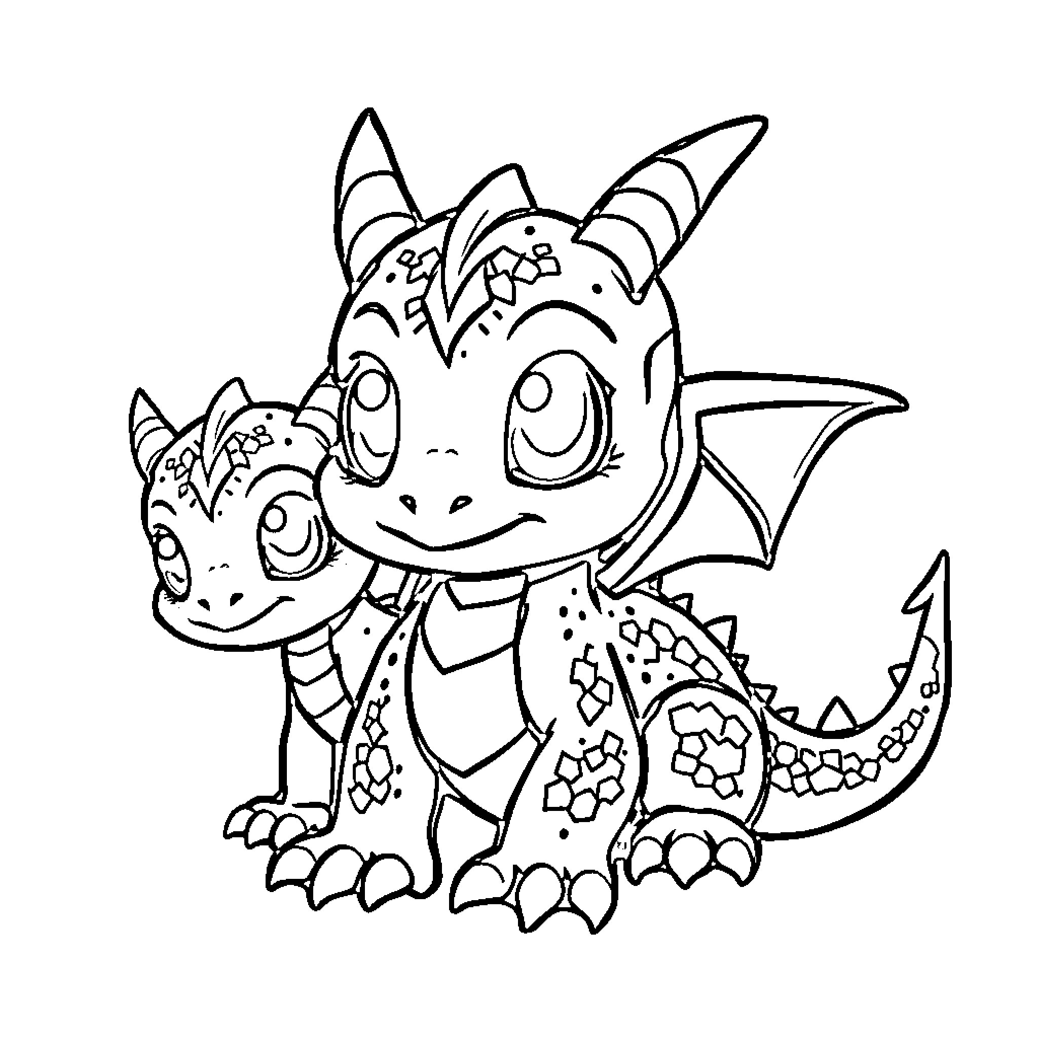 Dragon Siblings in Playful Pose Coloring Page (free black-and-white line drawing printable PDF for all, from beginners to advanced learners, including children, teens, adults, and seniors)
