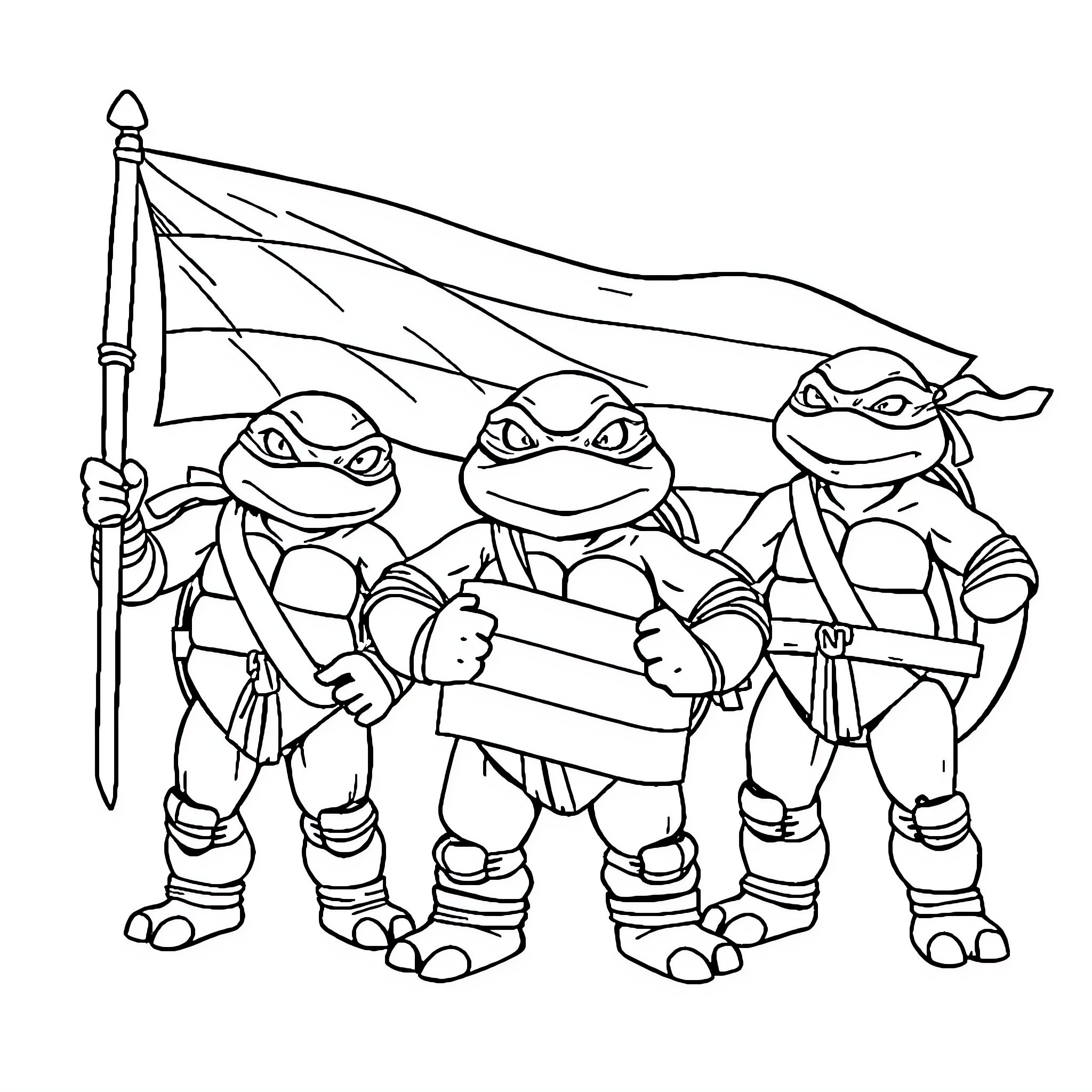 Ninja Turtles marching with flag in battle formation Coloring Page (free black-and-white line drawing printable PDF for all, from beginners to advanced learners, including children, teens, adults, and seniors)
