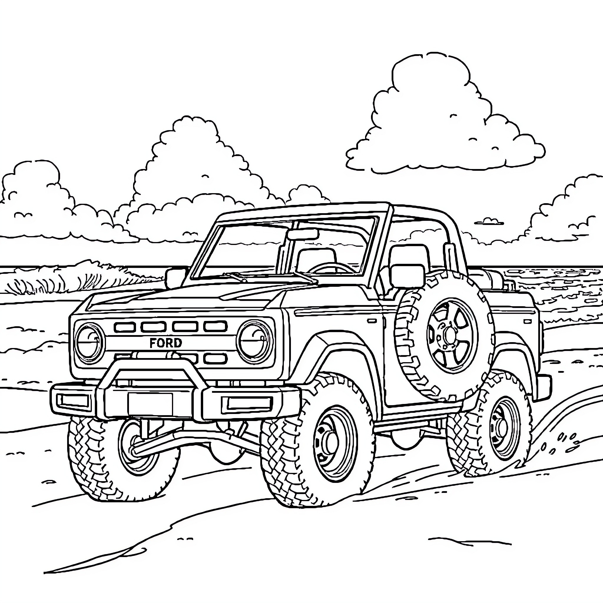 Bluey's Rugged Ride in the Countryside Coloring Page (free black-and-white line drawing printable PDF for all, from beginners to advanced learners, including children, teens, adults, and seniors)