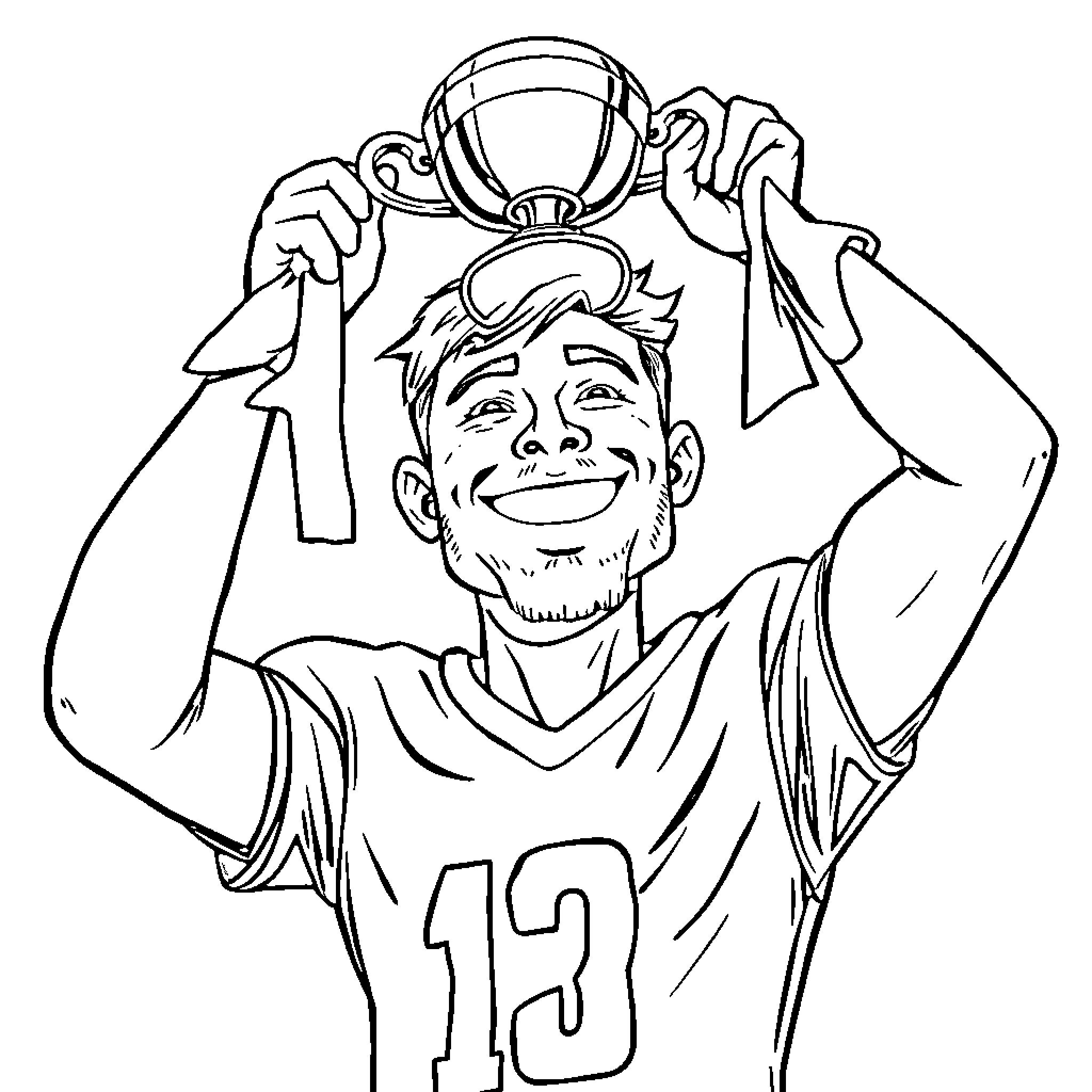 Football Player Celebrating Victory with Trophy Coloring Page (free black-and-white line drawing printable PDF for all, from beginners to advanced learners, including children, teens, adults, and seniors)
