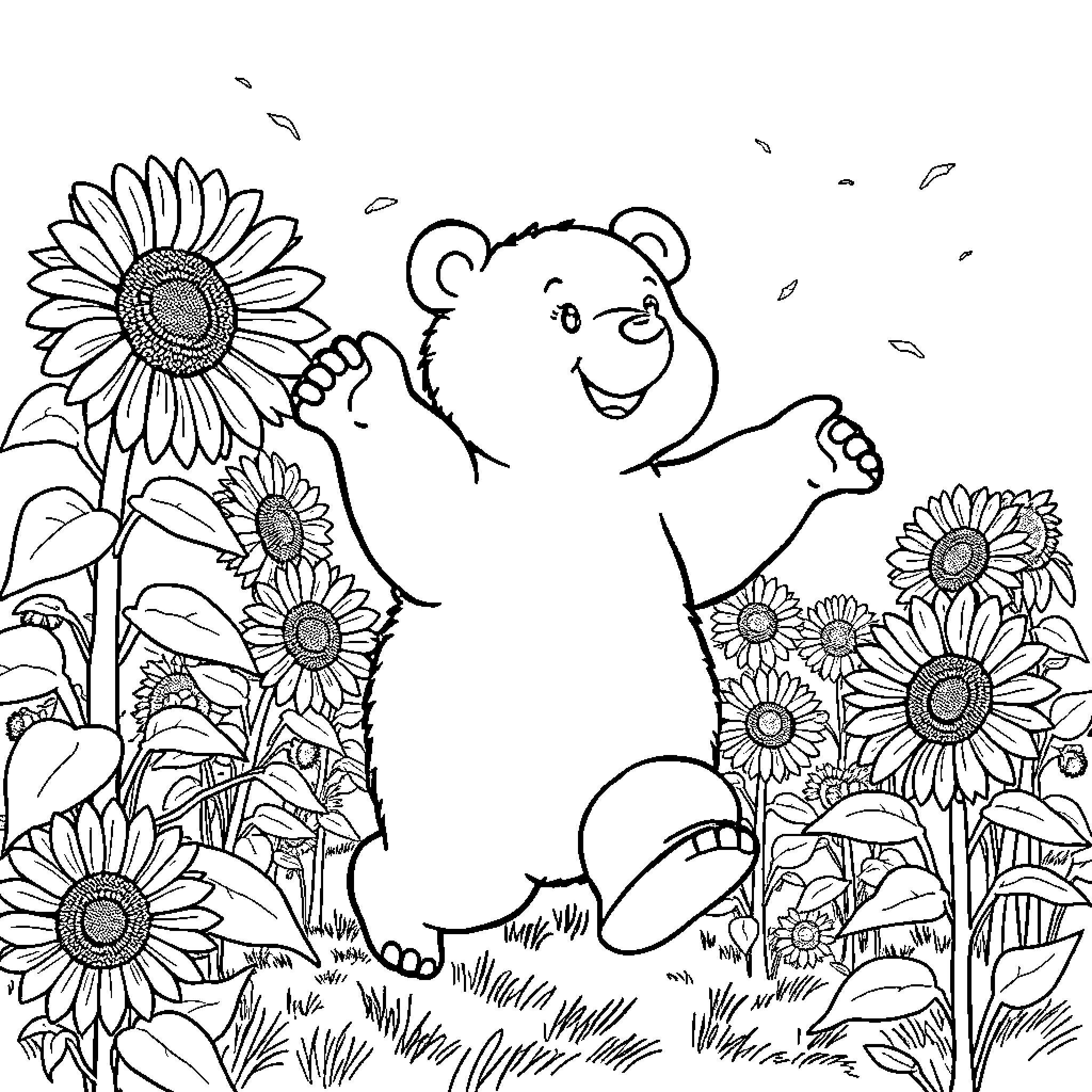Bear frolicking amidst sunflowers Coloring Page (free black-and-white line drawing printable PDF for all, from beginners to advanced learners, including children, teens, adults, and seniors)