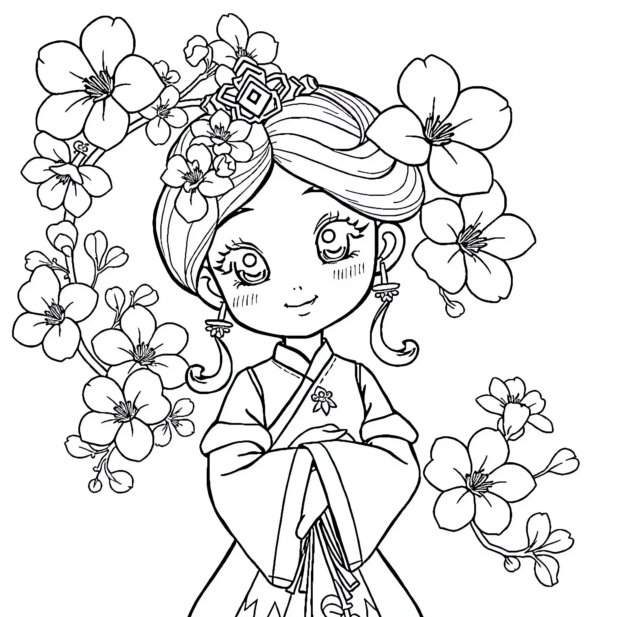 Princess adorned with floral crown and kimono Coloring Page (free black-and-white line drawing printable PDF for all, from beginners to advanced learners, including children, teens, adults, and seniors)