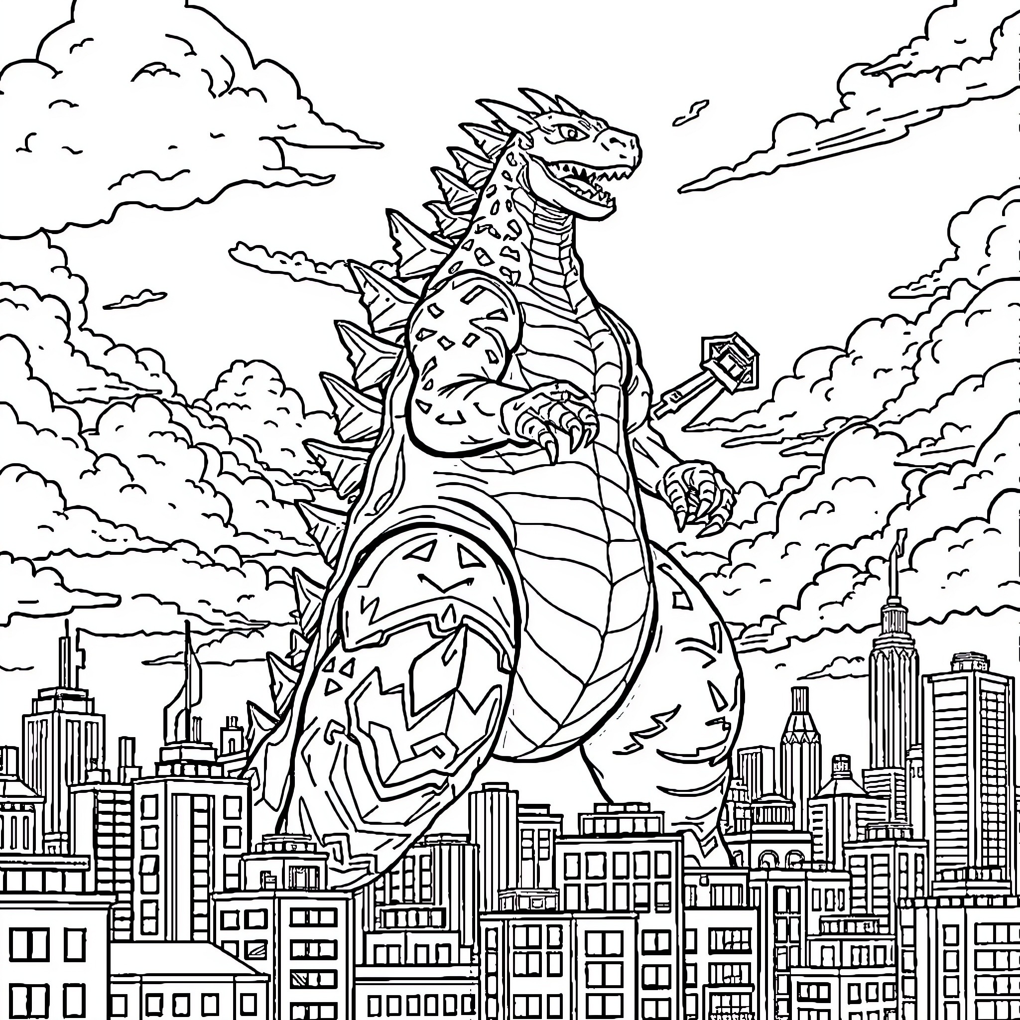 Godzilla rampaging through the city skyline Coloring Page (free black-and-white line drawing printable PDF for all, from beginners to advanced learners, including children, teens, adults, and seniors)