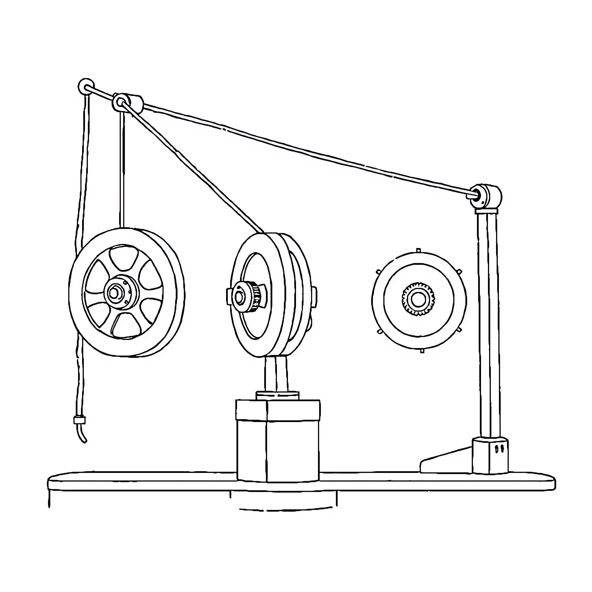 Machine with rotating pulleys and gears Coloring Page (free black-and-white line drawing printable PDF for all, from beginners to advanced learners, including children, teens, adults, and seniors)