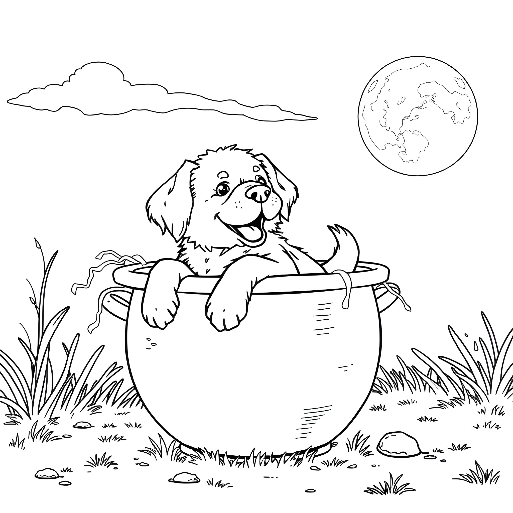 Dog peeking out from a bucket in the park Coloring Page (free black-and-white line drawing printable PDF for all, from beginners to advanced learners, including children, teens, adults, and seniors)