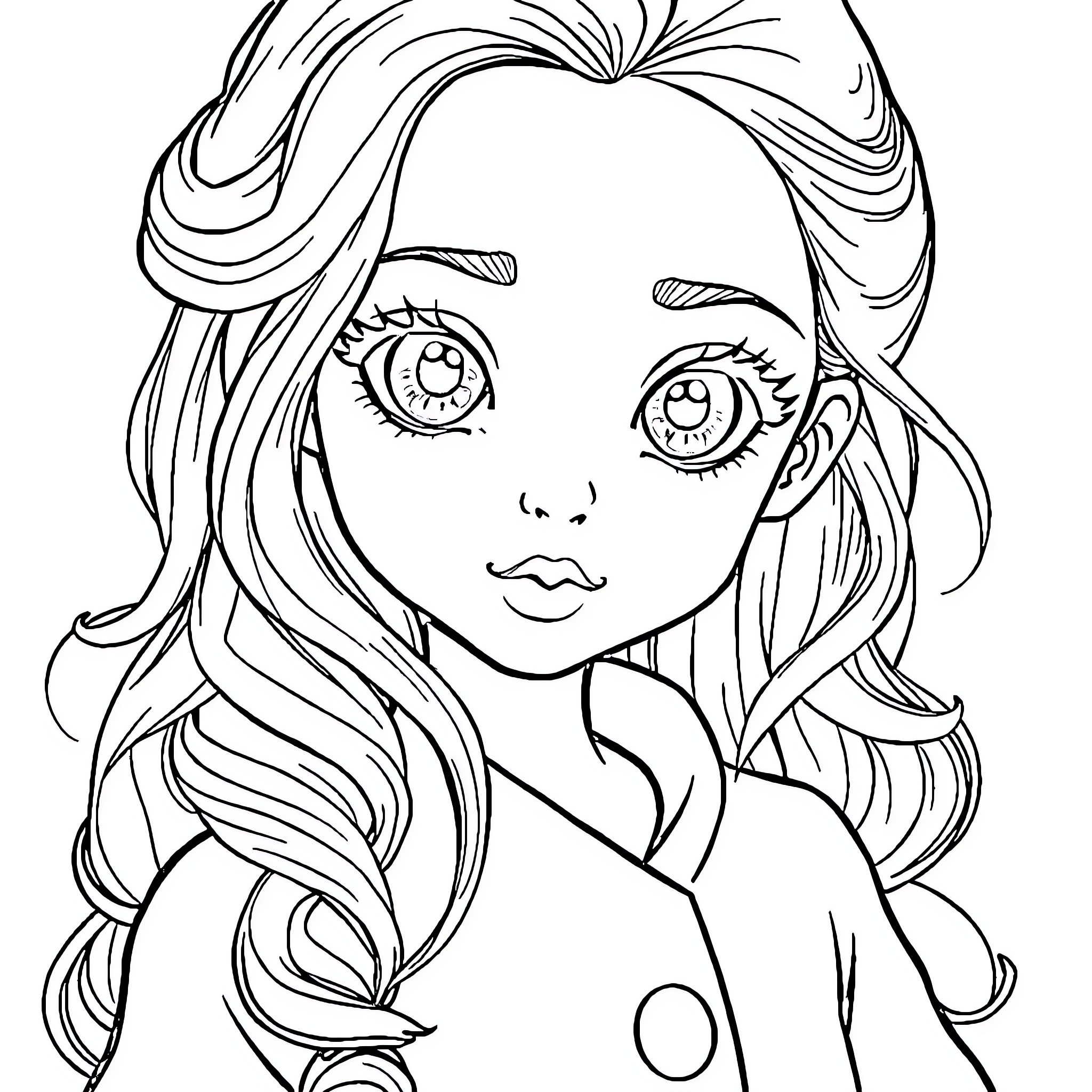 Fille with expressive eyes and lush hair Coloring Page (free black-and-white line drawing printable PDF for all, from beginners to advanced learners, including children, teens, adults, and seniors)