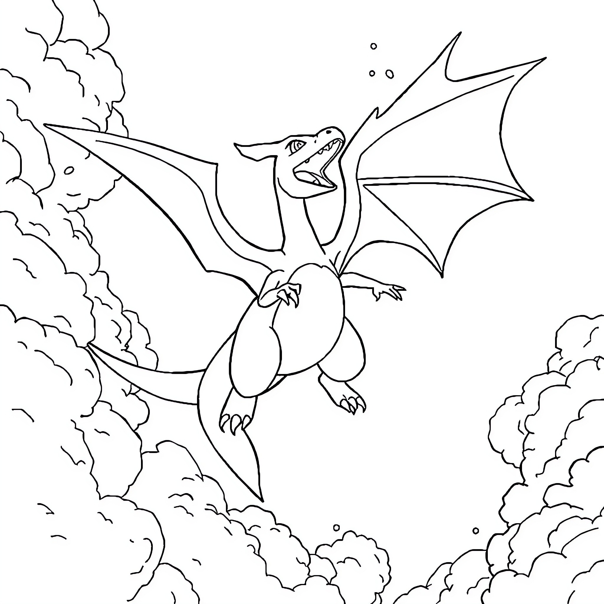Charizard Soaring Through Cloudy Skies Coloring Page (free black-and-white line drawing printable PDF for all, from beginners to advanced learners, including children, teens, adults, and seniors)