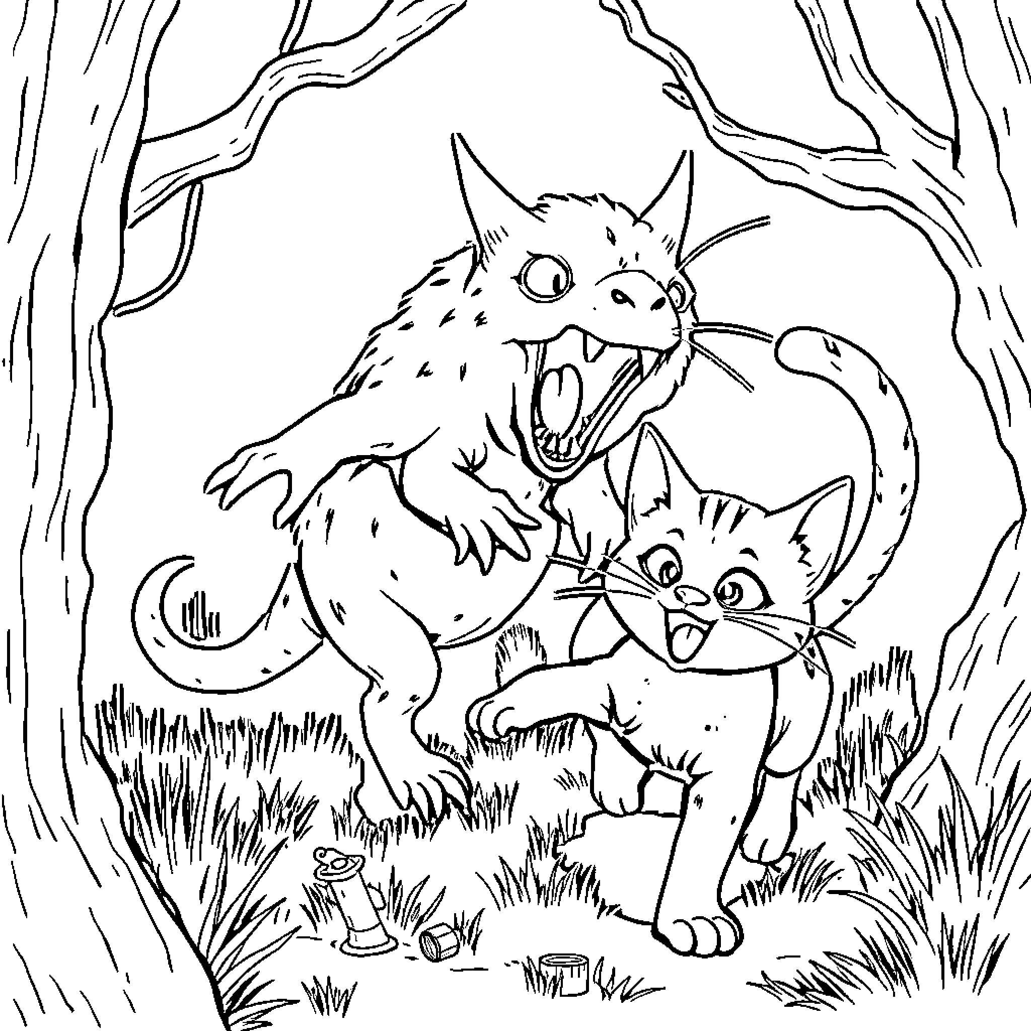Chupacabra Encounters Alarmed Cats in the Forest Coloring Page (free black-and-white line drawing printable PDF for all, from beginners to advanced learners, including children, teens, adults, and seniors)
