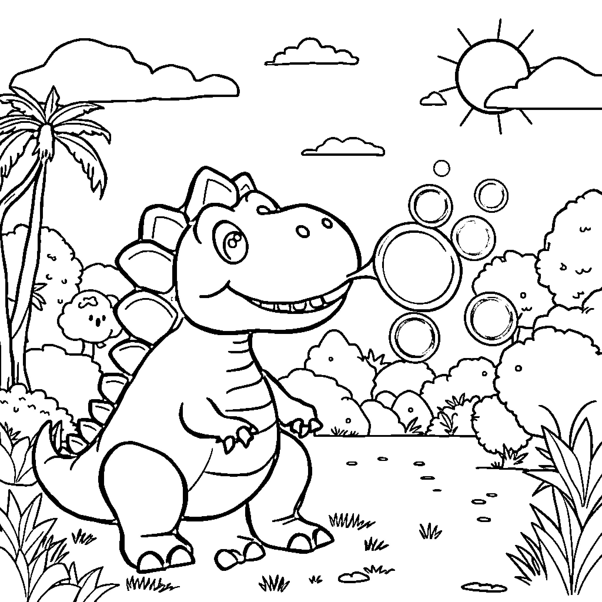 Dinosaur Playing Happily in Tropical Landscape Coloring Page (free black-and-white line drawing printable PDF for all, from beginners to advanced learners, including children, teens, adults, and seniors)
