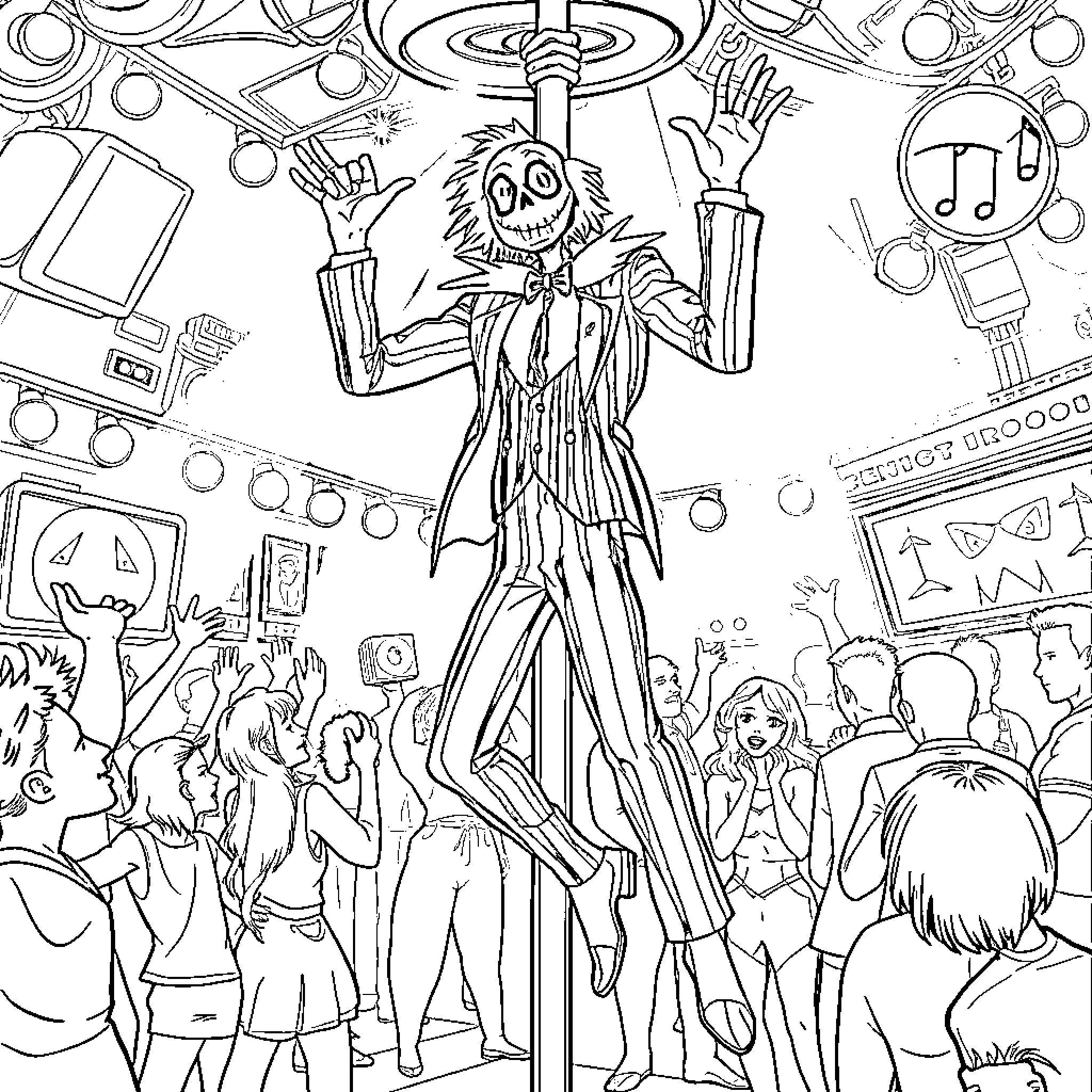Beetlejuice's Bizarre Showtime Antics Coloring Page (free black-and-white line drawing printable PDF for all, from beginners to advanced learners, including children, teens, adults, and seniors)