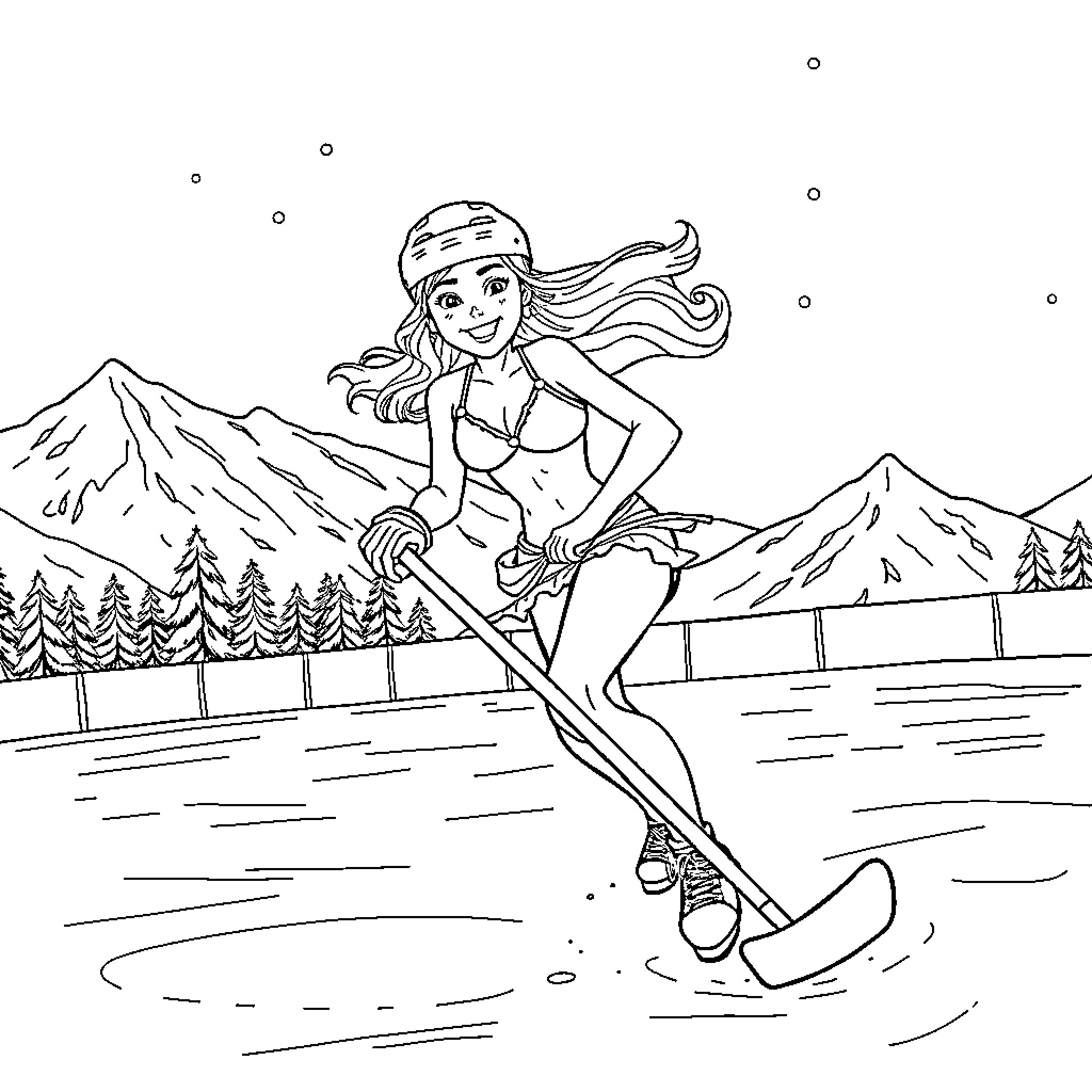 Girl skiing on the snowy slopes Coloring Page (free black-and-white line drawing printable PDF for all, from beginners to advanced learners, including children, teens, adults, and seniors)