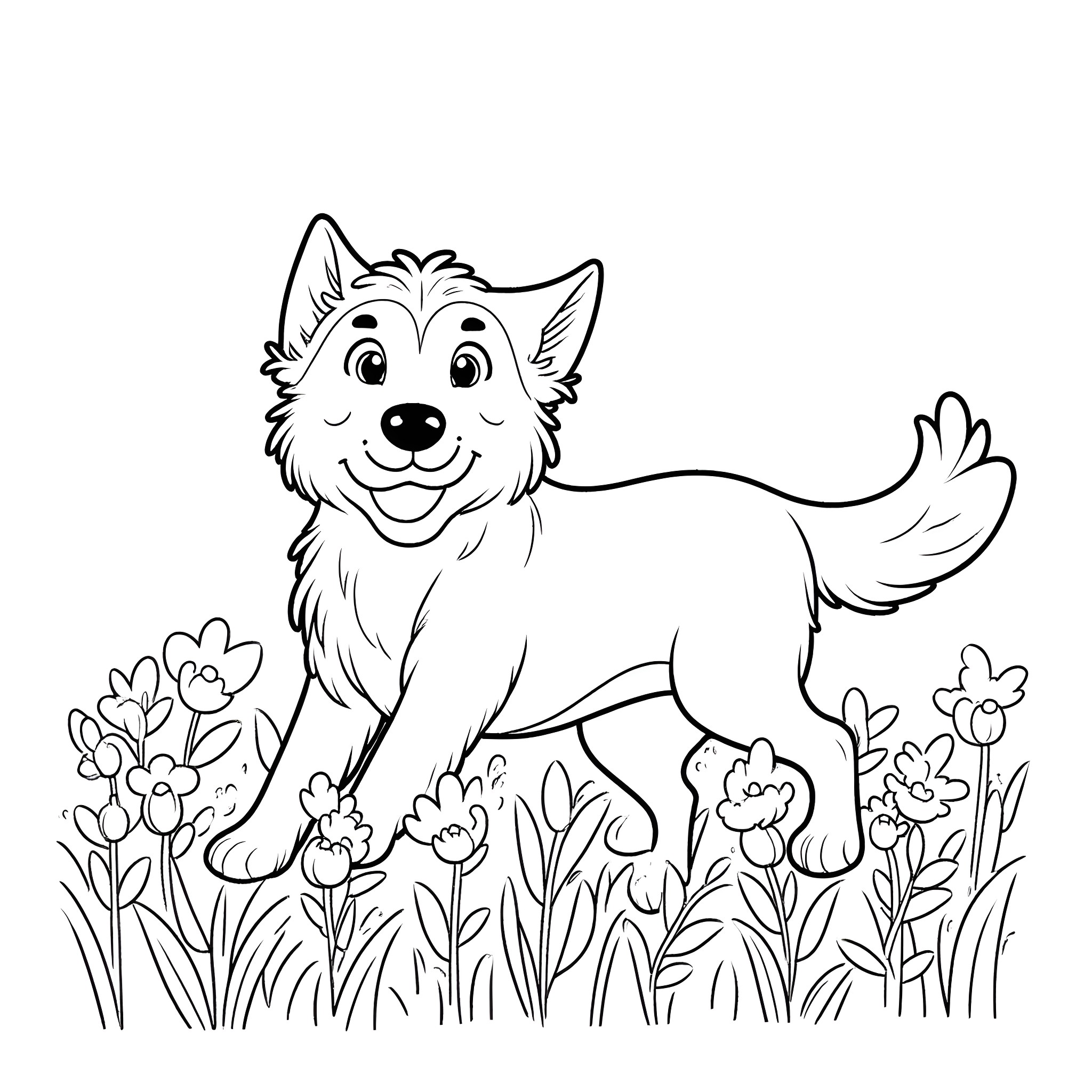 Dog playing happily in the flowery field Coloring Page (free black-and-white line drawing printable PDF for all, from beginners to advanced learners, including children, teens, adults, and seniors)