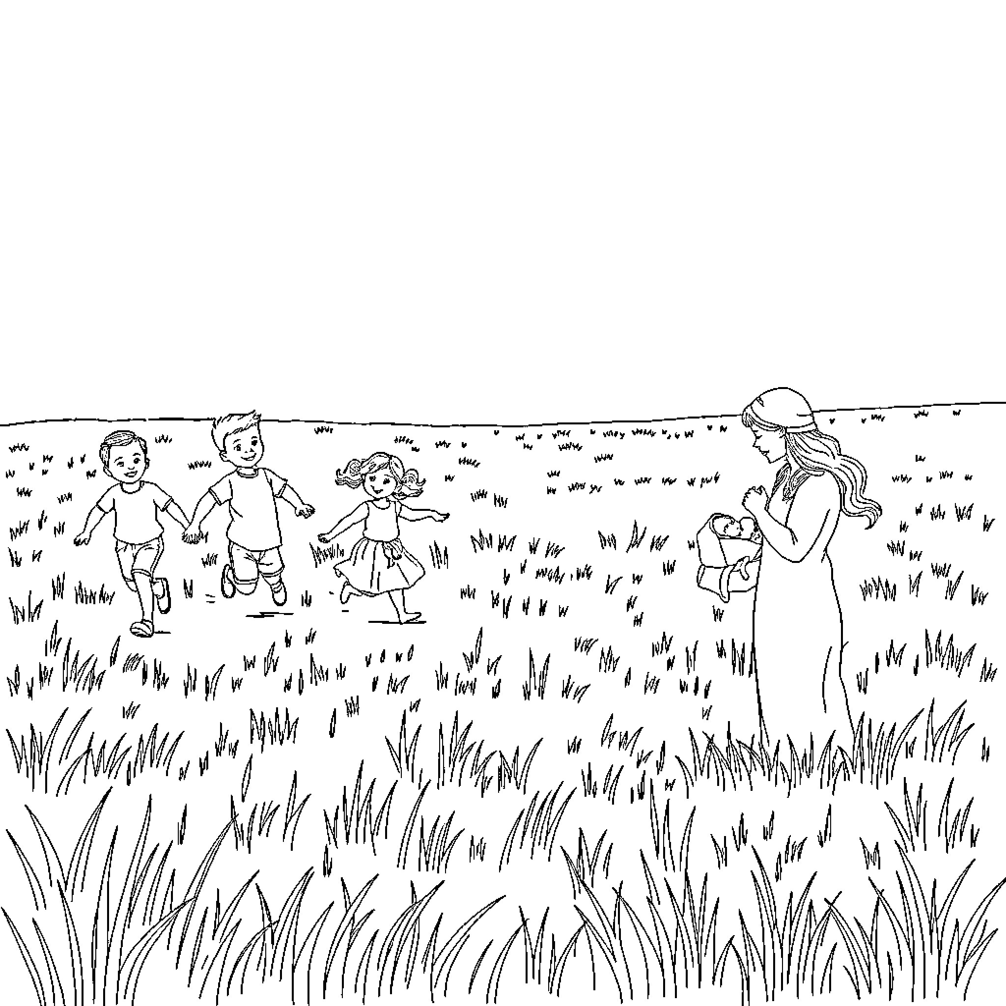 Family playing together in the grassy field Coloring Page (free black-and-white line drawing printable PDF for all, from beginners to advanced learners, including children, teens, adults, and seniors)