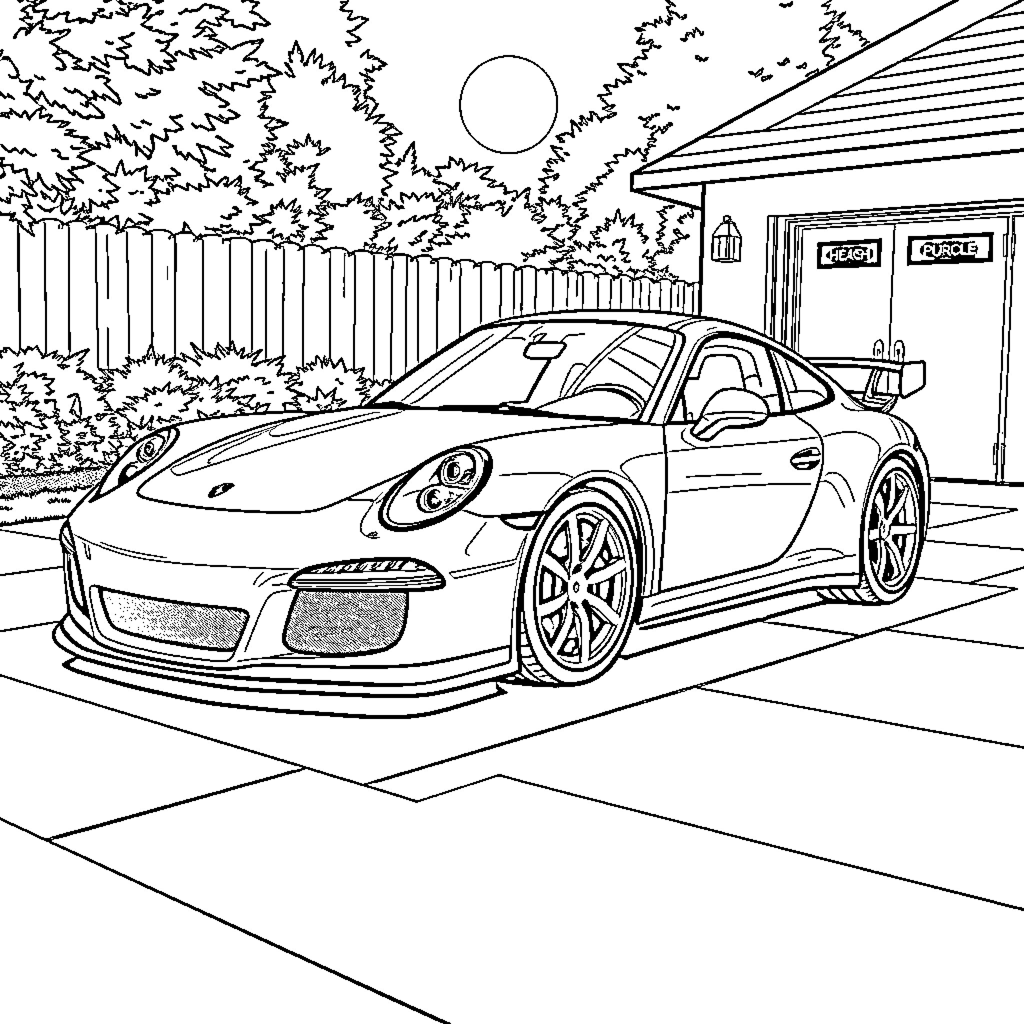 Porsche sports car parked in front of a house Coloring Page (free black-and-white line drawing printable PDF for all, from beginners to advanced learners, including children, teens, adults, and seniors)