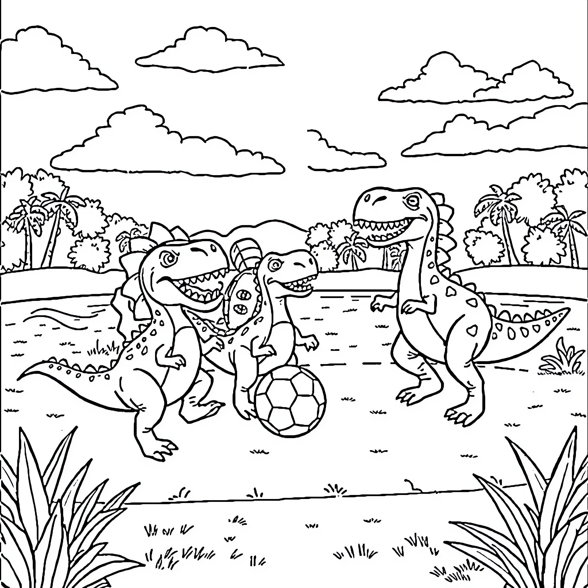 Dinosaurs playing soccer in the jungle Coloring Page (free black-and-white line drawing printable PDF for all, from beginners to advanced learners, including children, teens, adults, and seniors)