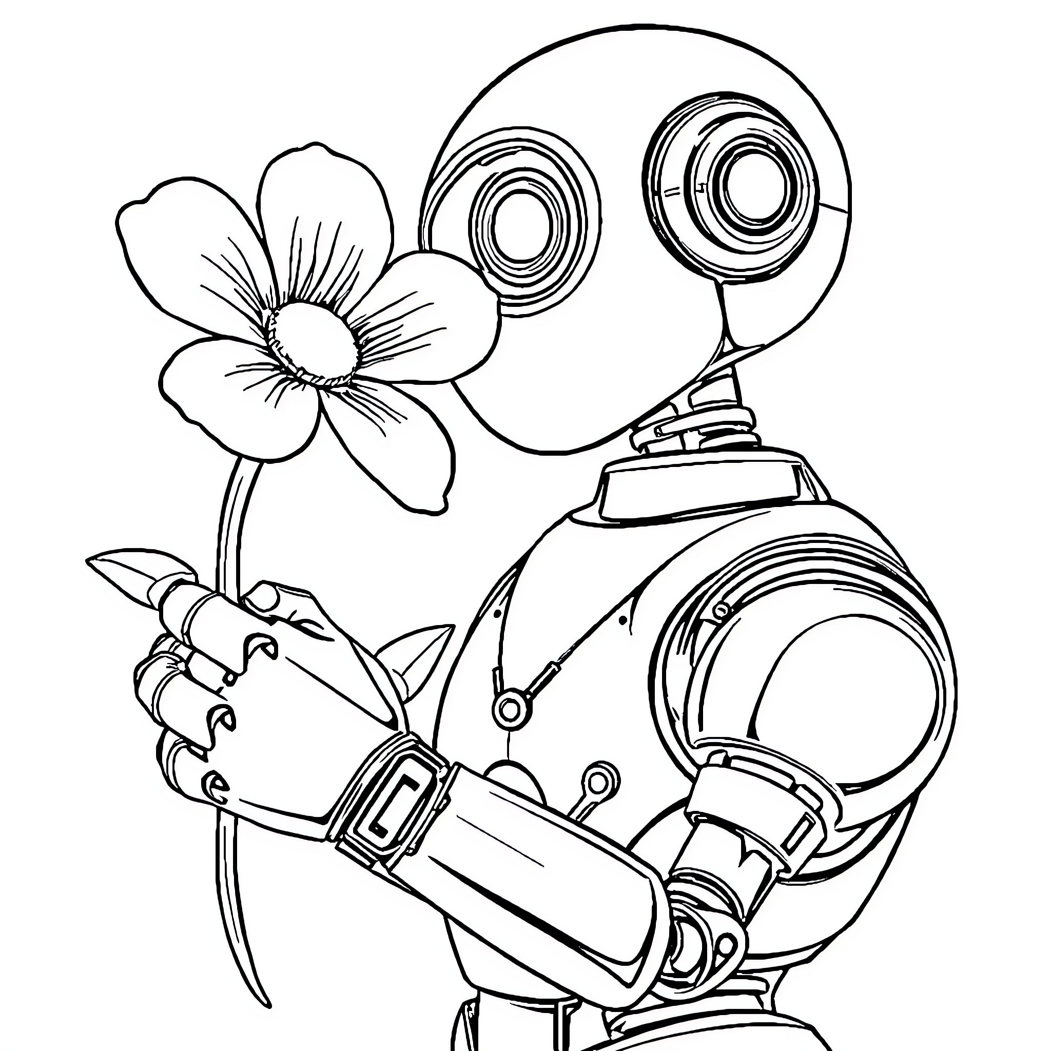 Robot collecting a flower with curiosity Coloring Page (free black-and-white line drawing printable PDF for all, from beginners to advanced learners, including children, teens, adults, and seniors)