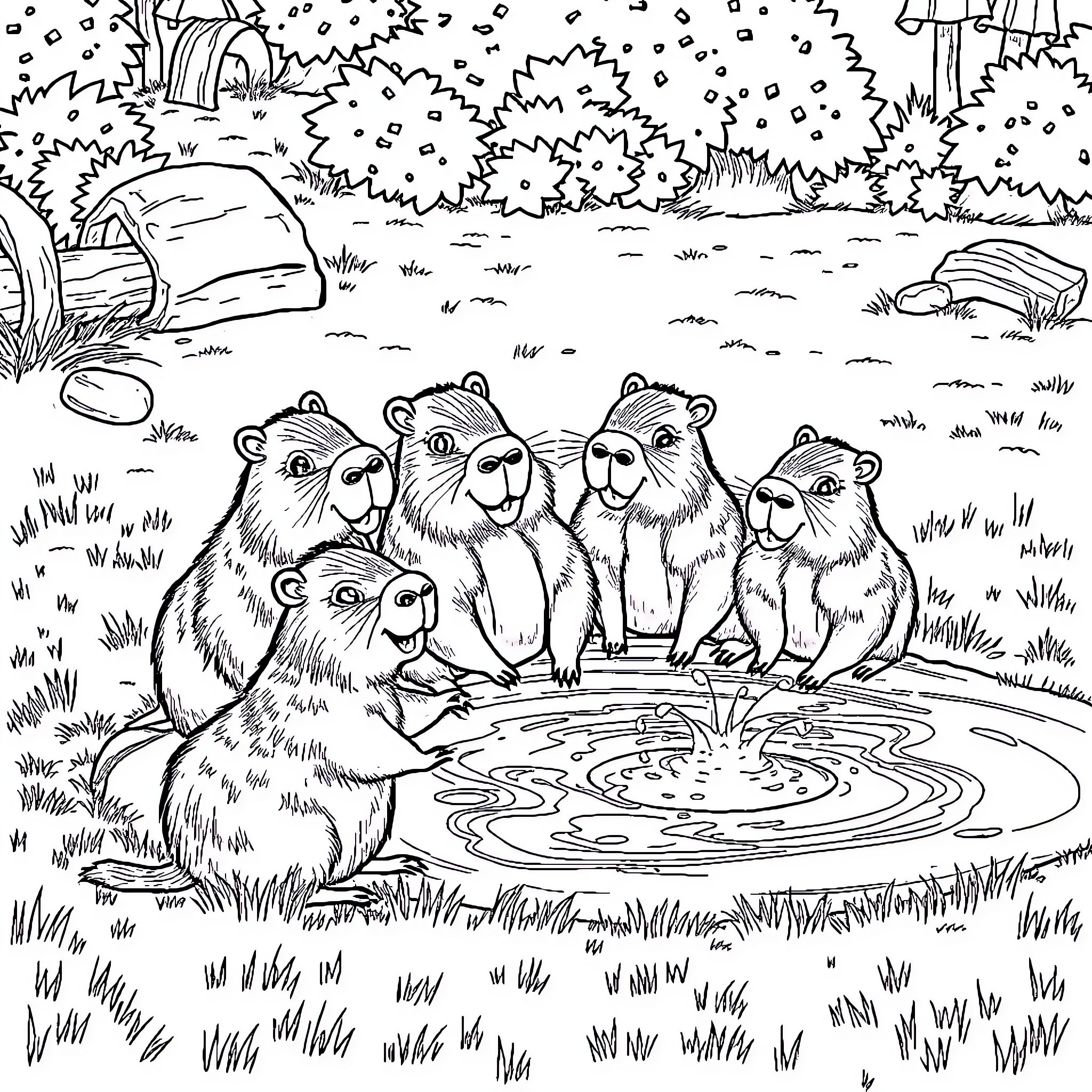 Capybara family playing and relaxing in the forest Coloring Page (free black-and-white line drawing printable PDF for all, from beginners to advanced learners, including children, teens, adults, and seniors)