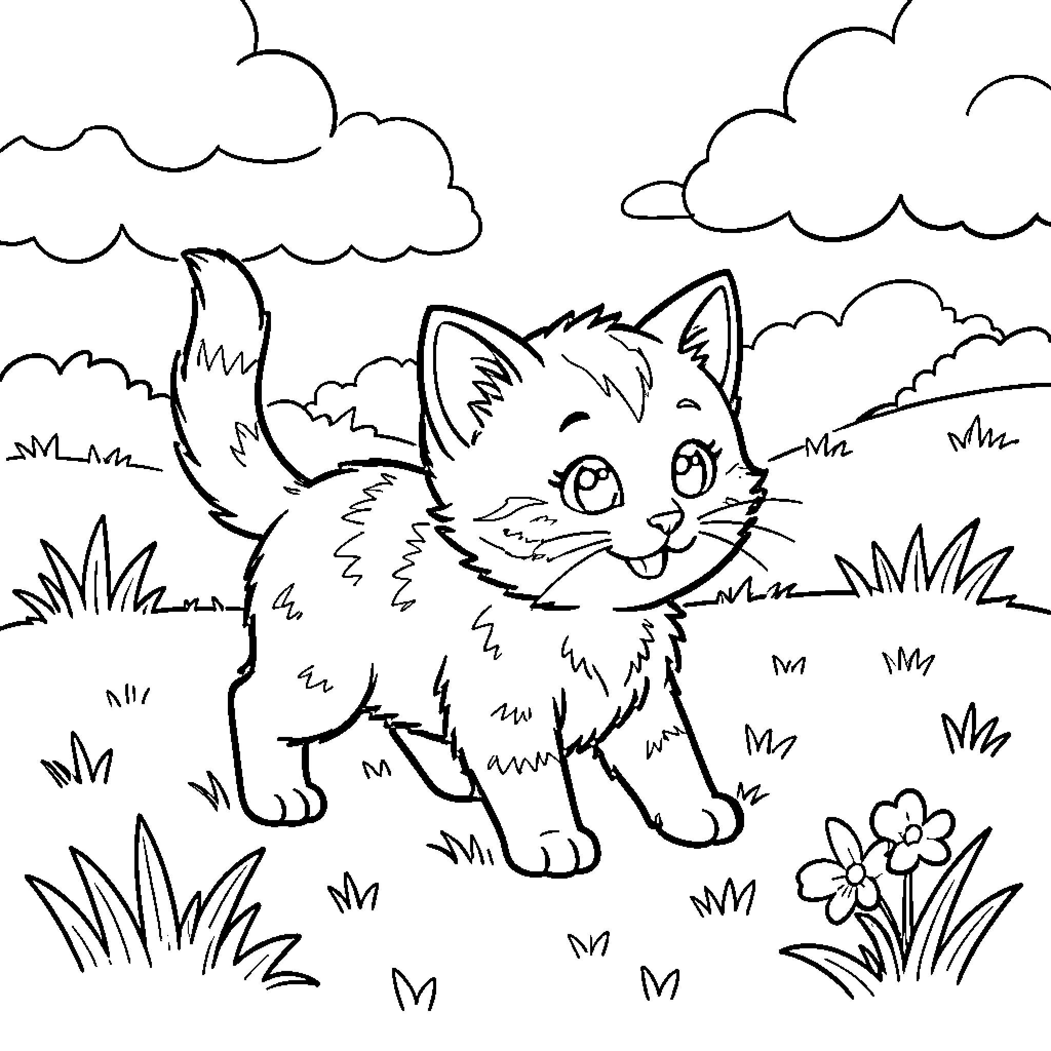 Kitten walking happily through a grassy field Coloring Page (free black-and-white line drawing printable PDF for all, from beginners to advanced learners, including children, teens, adults, and seniors)