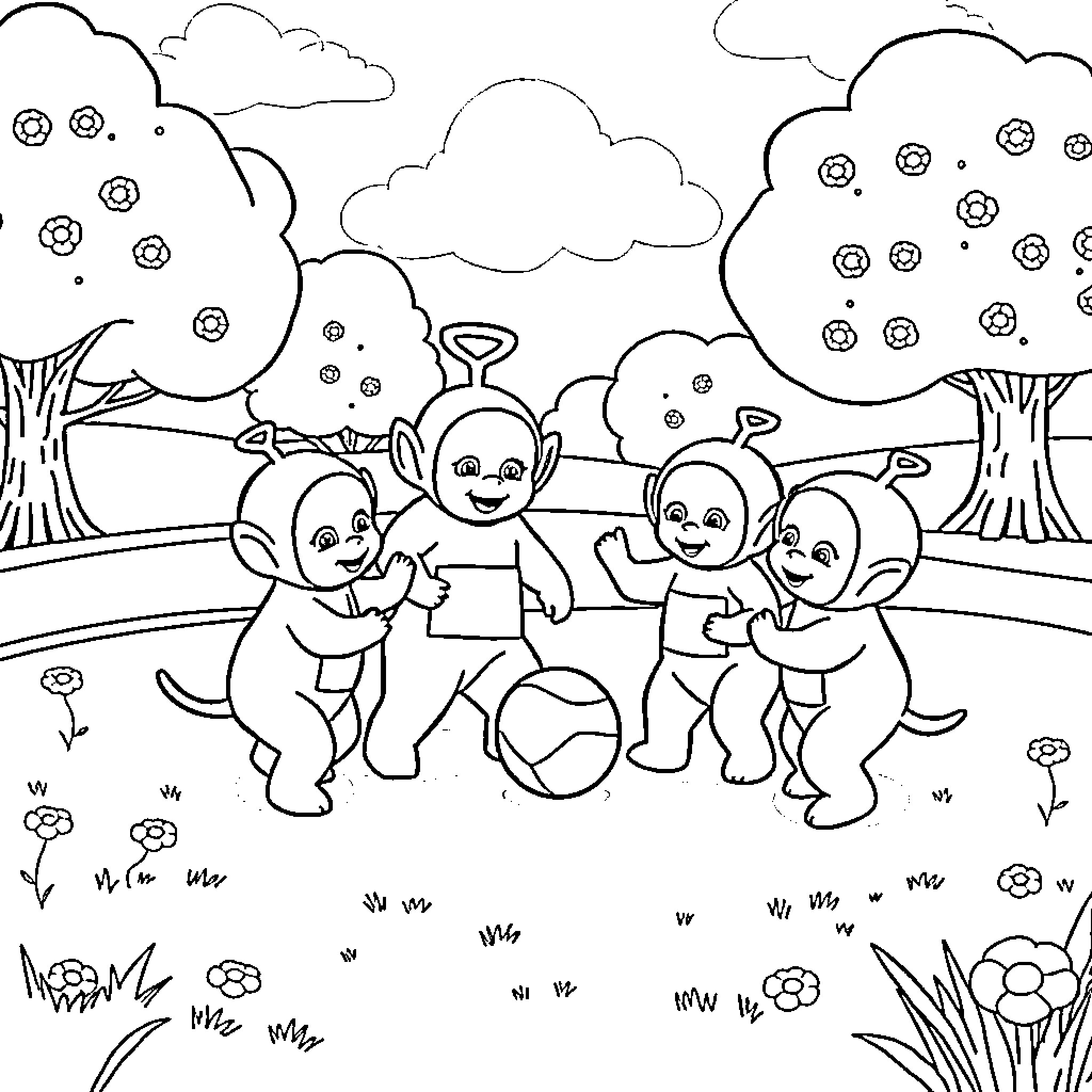 Teletubbies playing happily in the park Coloring Page (free black-and-white line drawing printable PDF for all, from beginners to advanced learners, including children, teens, adults, and seniors)