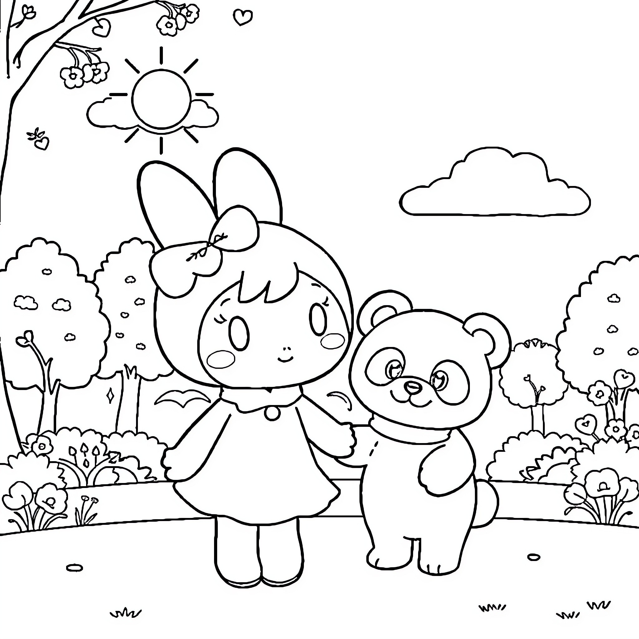 Melody's Playful Adventure with Adorable Animal Friends Coloring Page (free black-and-white line drawing printable PDF for all, from beginners to advanced learners, including children, teens, adults, and seniors)
