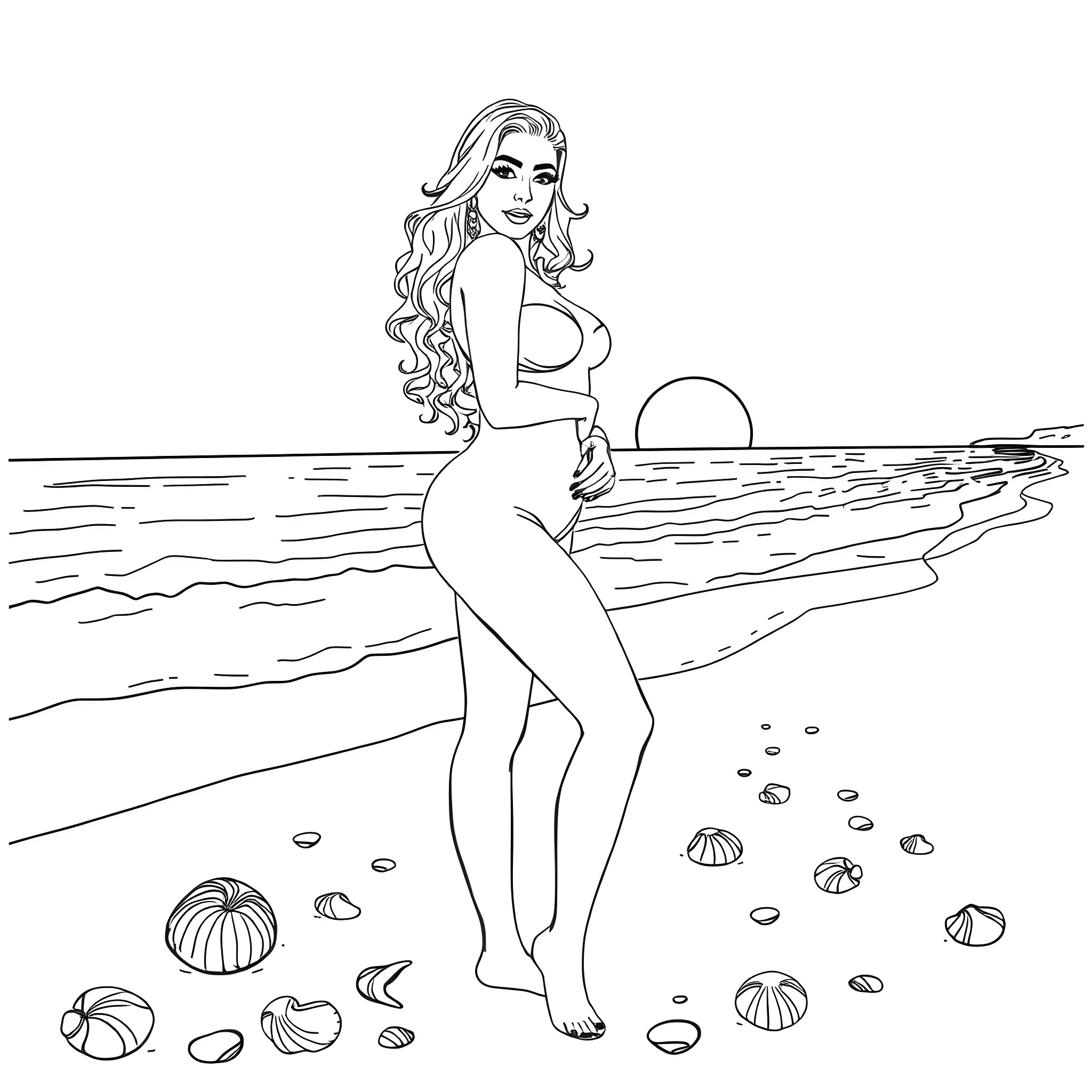 Lady Gaga posing confidently on the beach Coloring Page (free black-and-white line drawing printable PDF for all, from beginners to advanced learners, including children, teens, adults, and seniors)