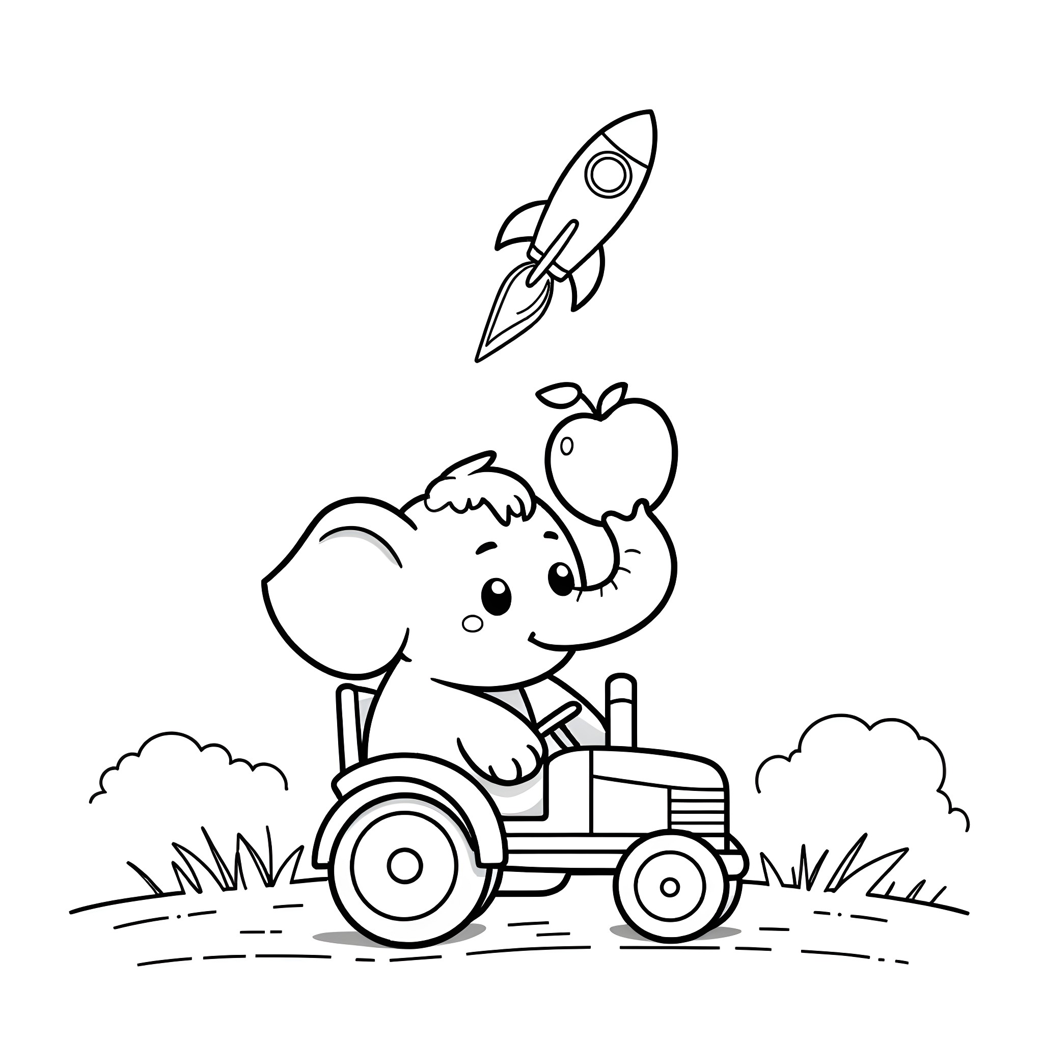 Elephant enjoying a tractor ride with a rocket Coloring Page (free black-and-white line drawing printable PDF for all, from beginners to advanced learners, including children, teens, adults, and seniors)