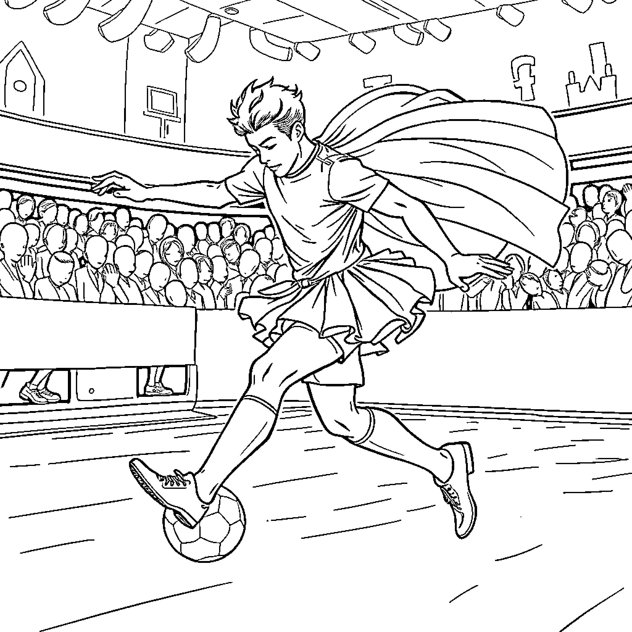 Footballeur scoring a goal in a stadium Coloring Page (free black-and-white line drawing printable PDF for all, from beginners to advanced learners, including children, teens, adults, and seniors)