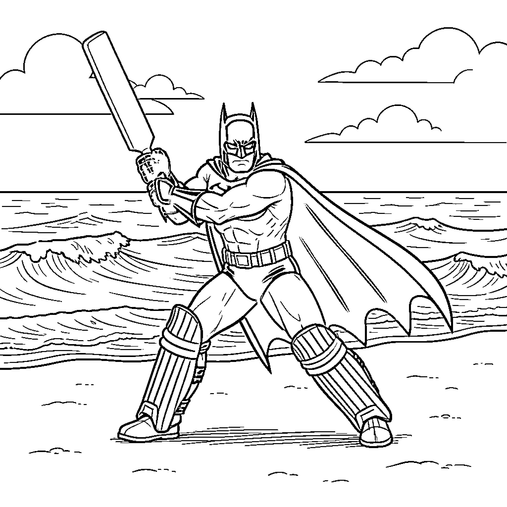 Badman swinging a cricket bat on the beach Coloring Page (free black-and-white line drawing printable PDF for all, from beginners to advanced learners, including children, teens, adults, and seniors)