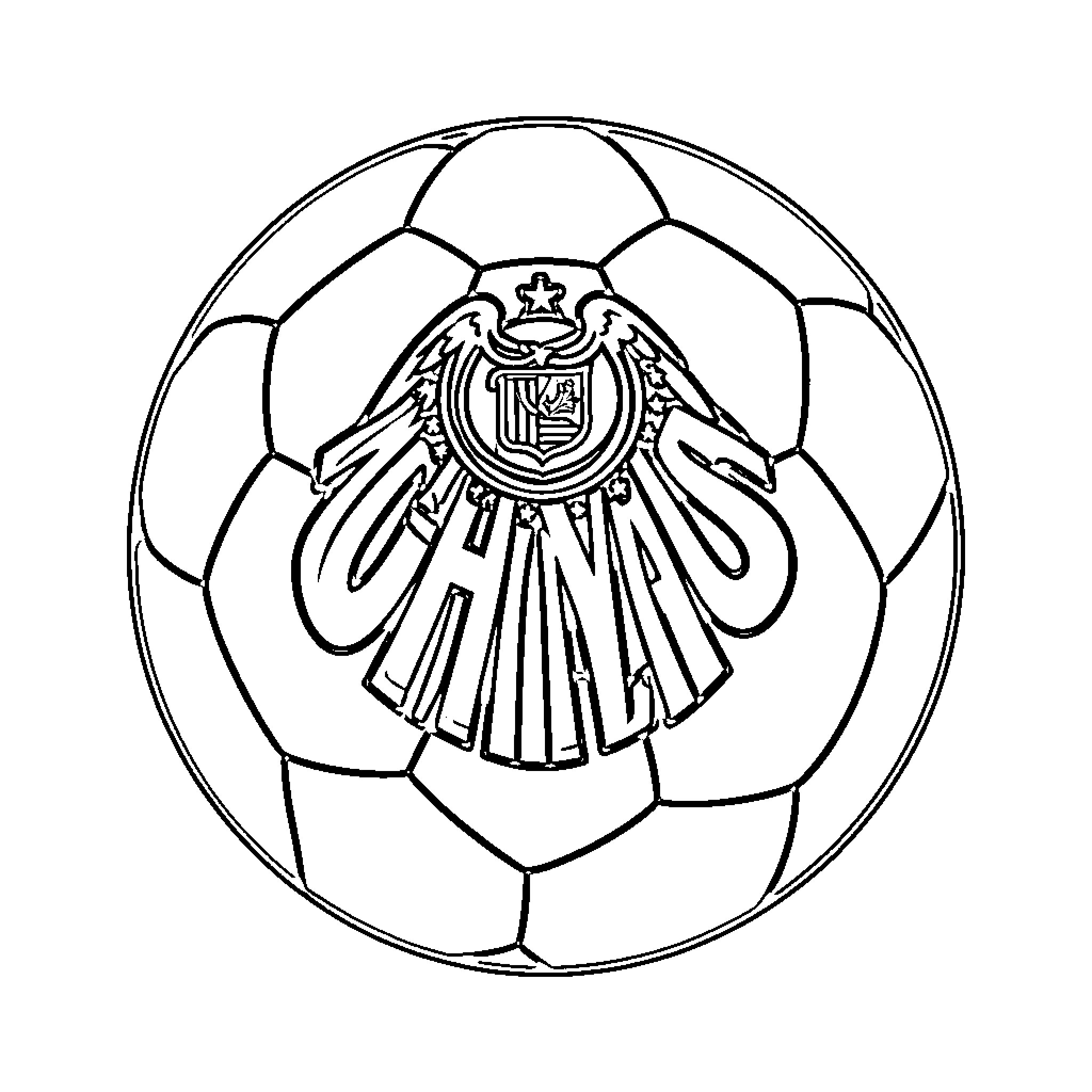 Ball with heraldic emblem on soccer field Coloring Page (free black-and-white line drawing printable PDF for all, from beginners to advanced learners, including children, teens, adults, and seniors)
