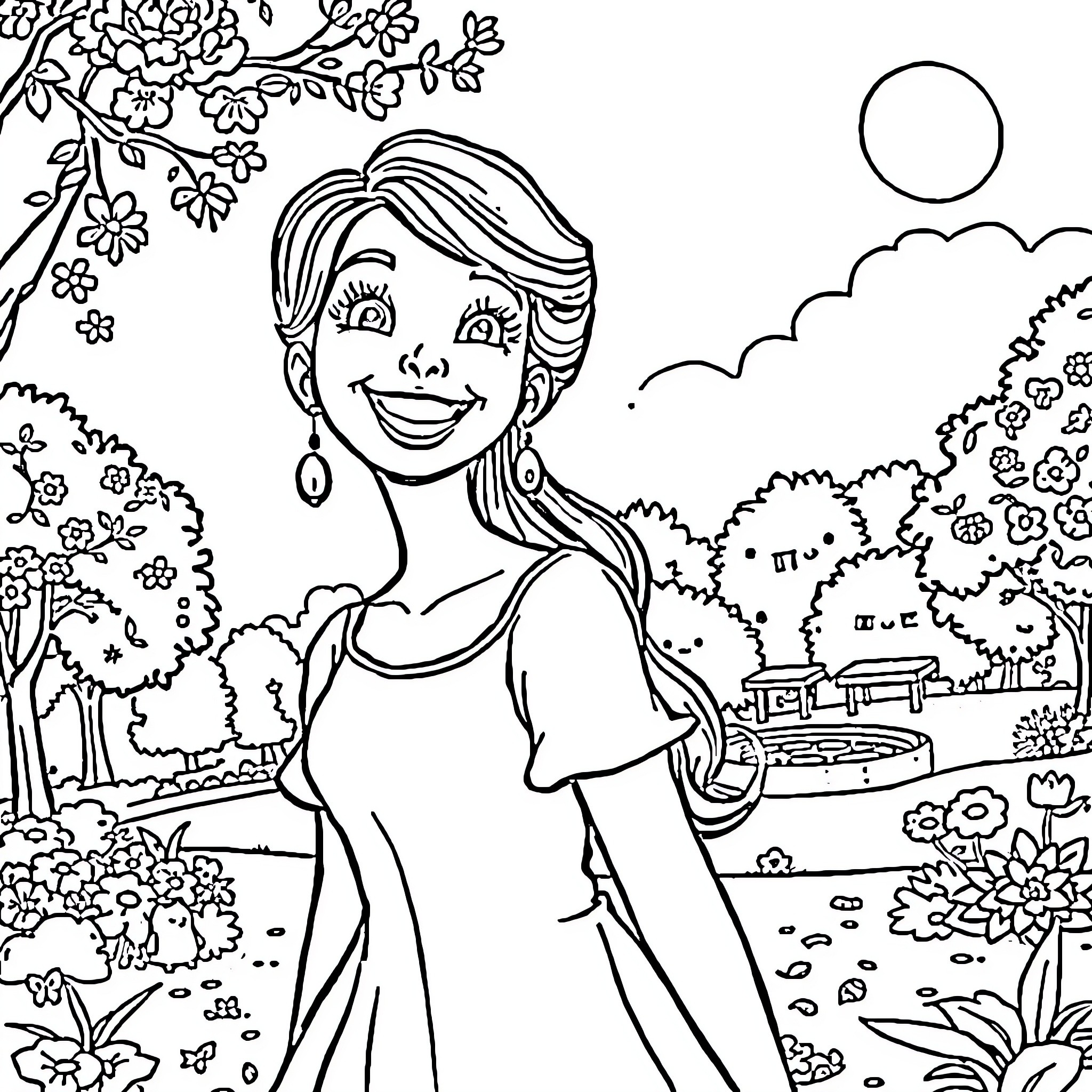 Lina enjoying a sunny day in the garden Coloring Page (free black-and-white line drawing printable PDF for all, from beginners to advanced learners, including children, teens, adults, and seniors)